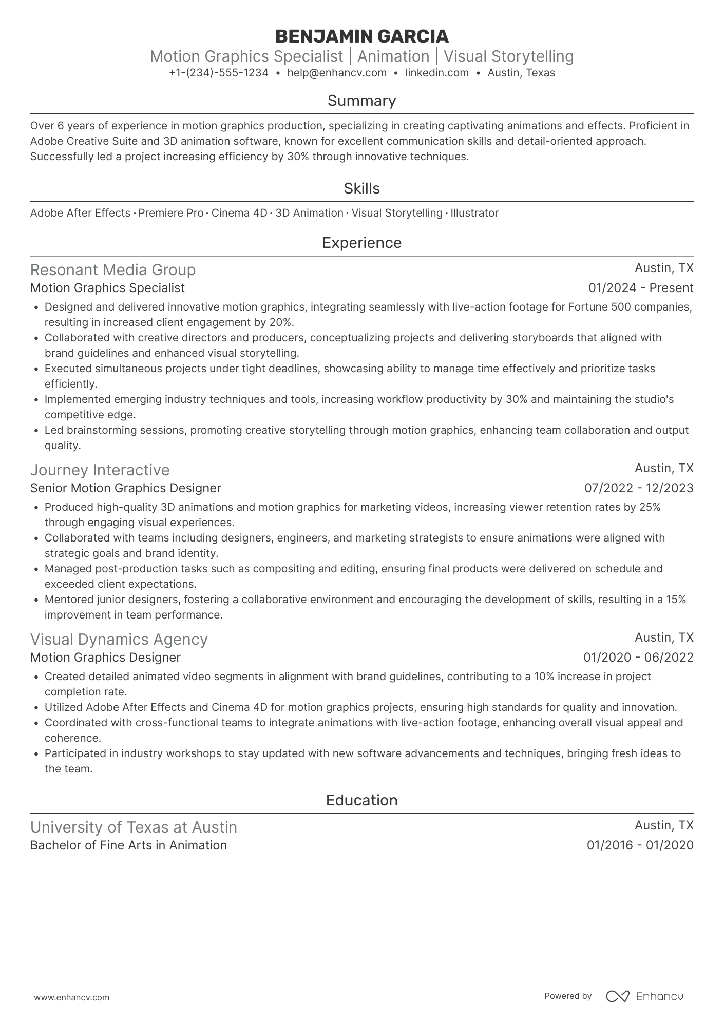 Motion Graphics Specialist Resume Example
