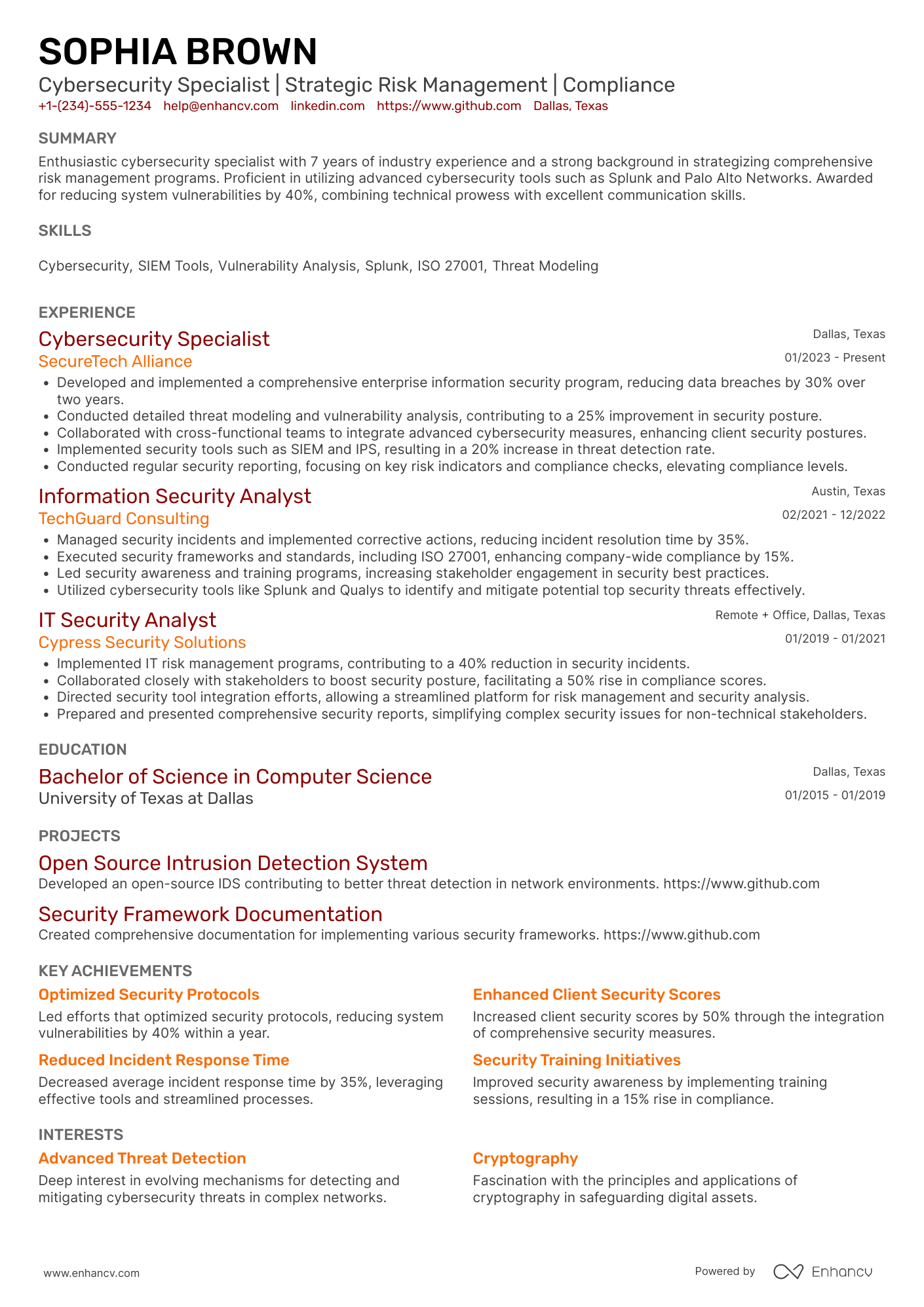 PwC Cybersecurity Specialist Resume Example