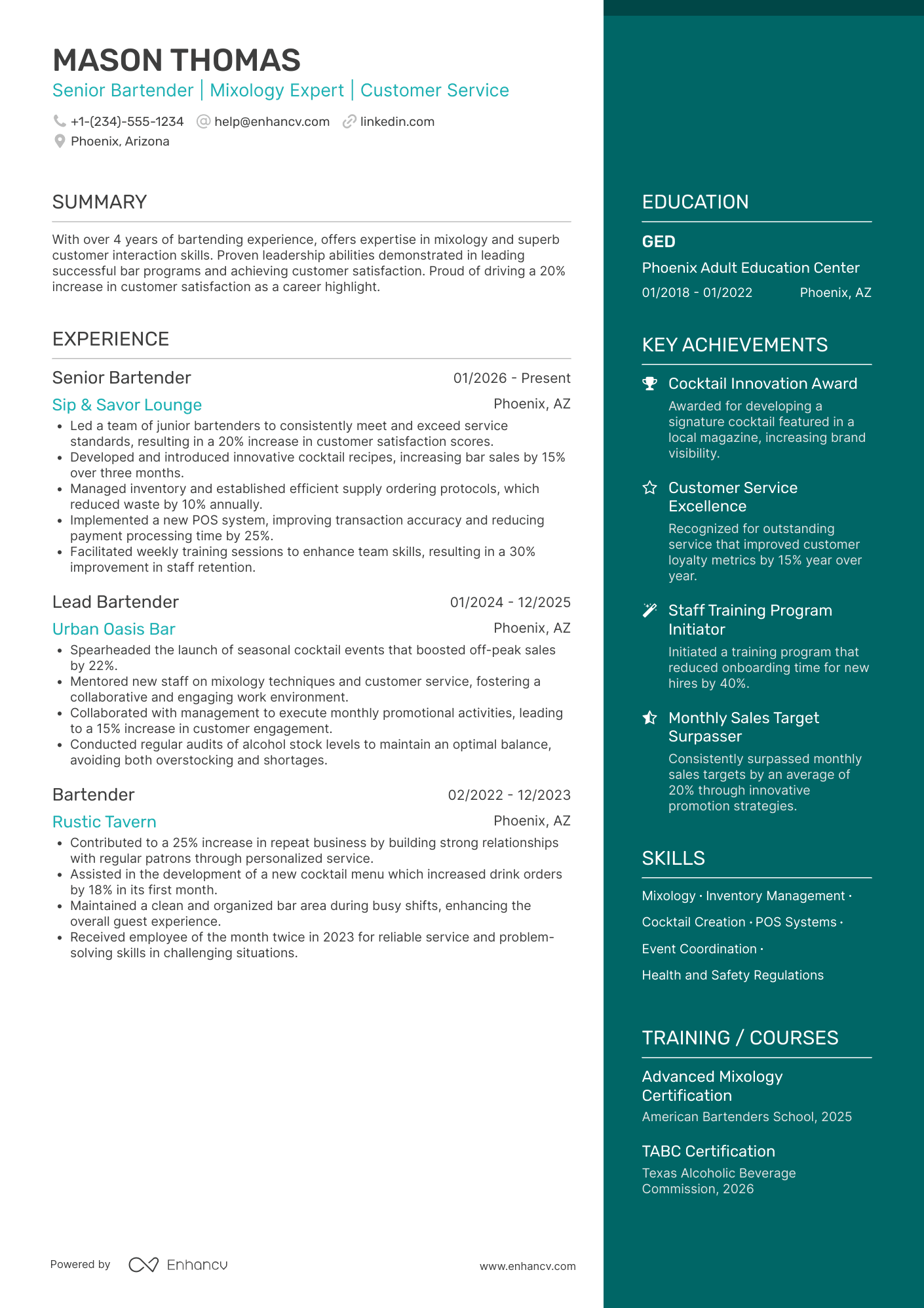 Senior Bartender Resume Example