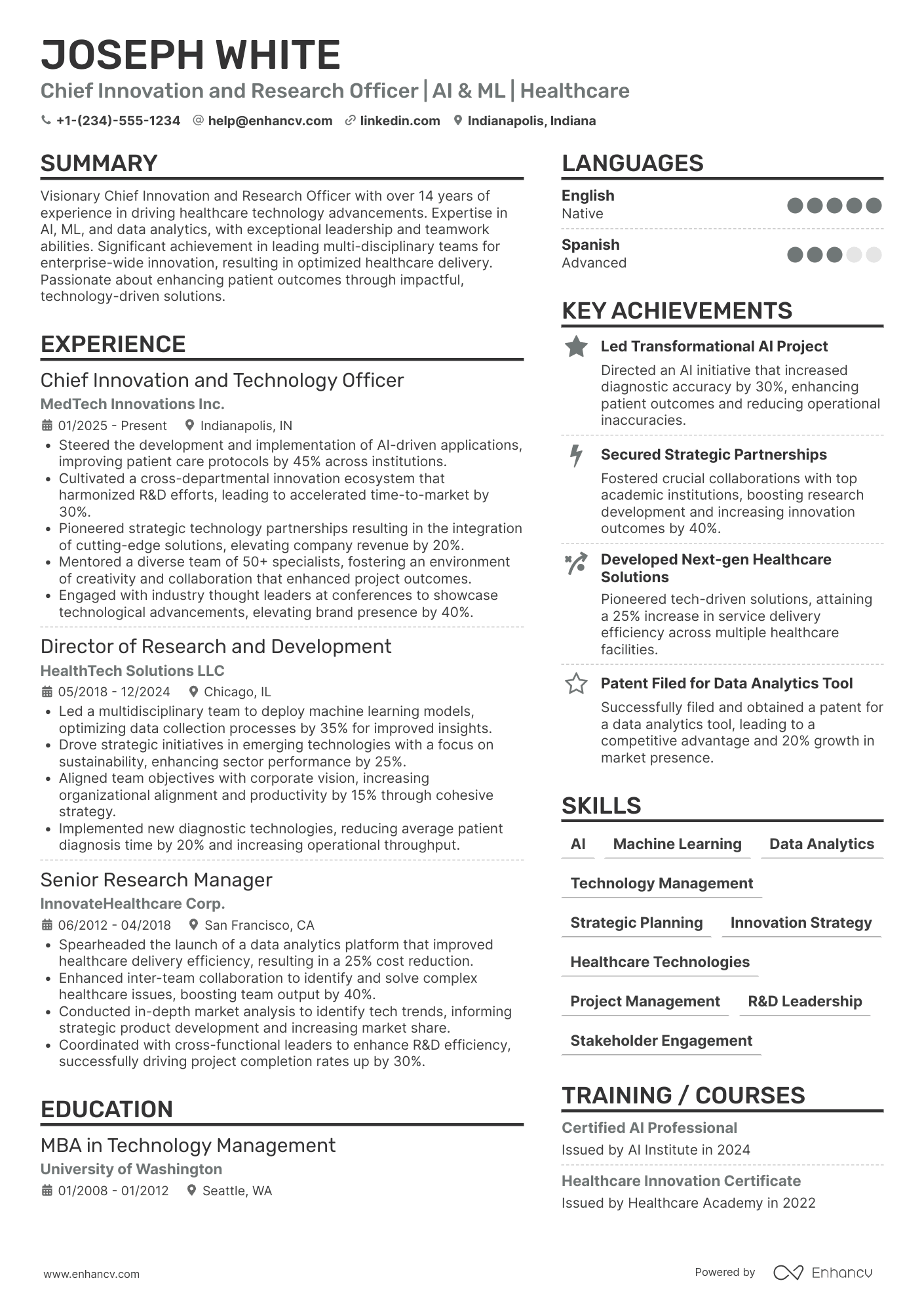 Chief Innovation and Research Officer Resume Example