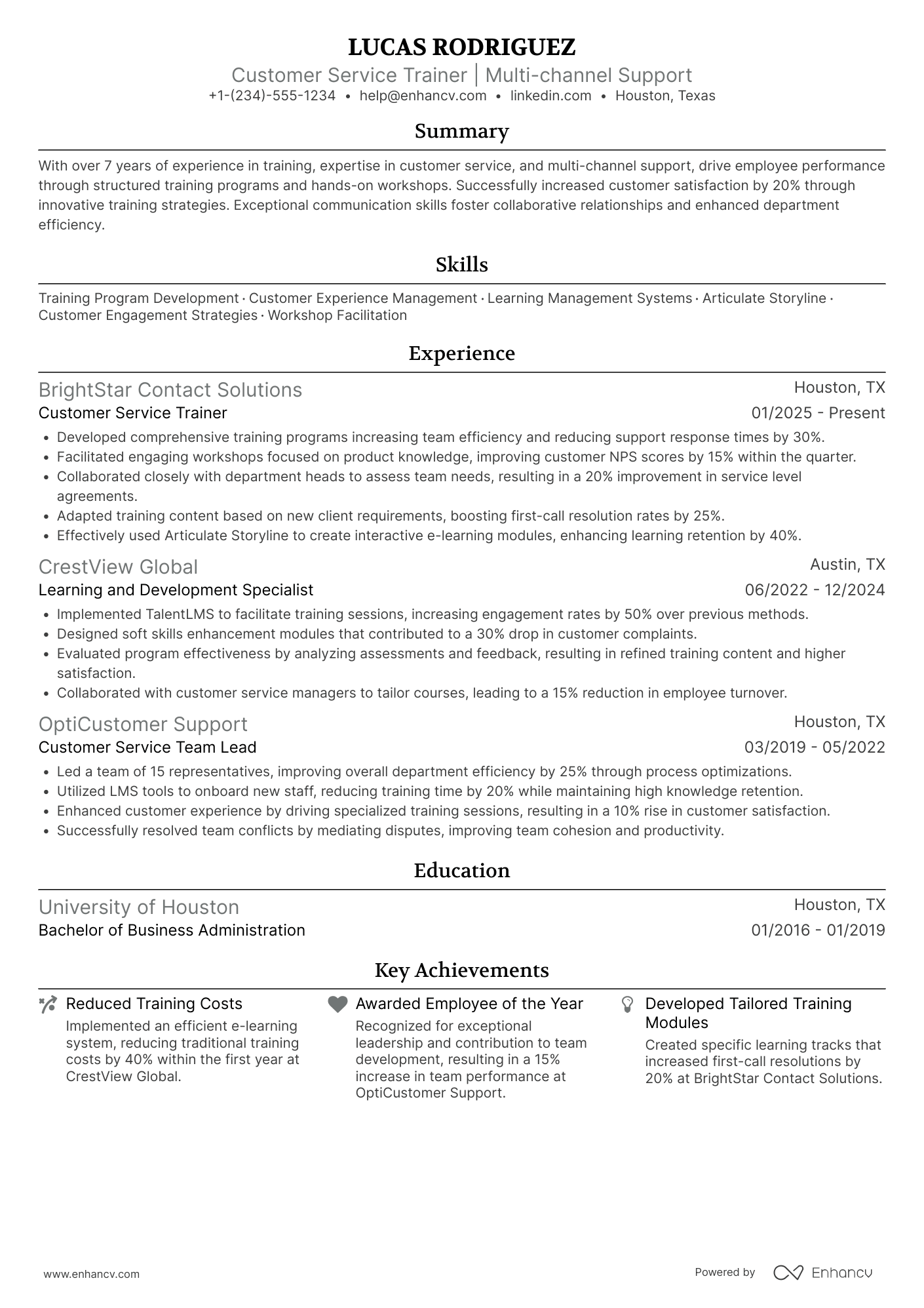 Customer Service Trainer Resume Example