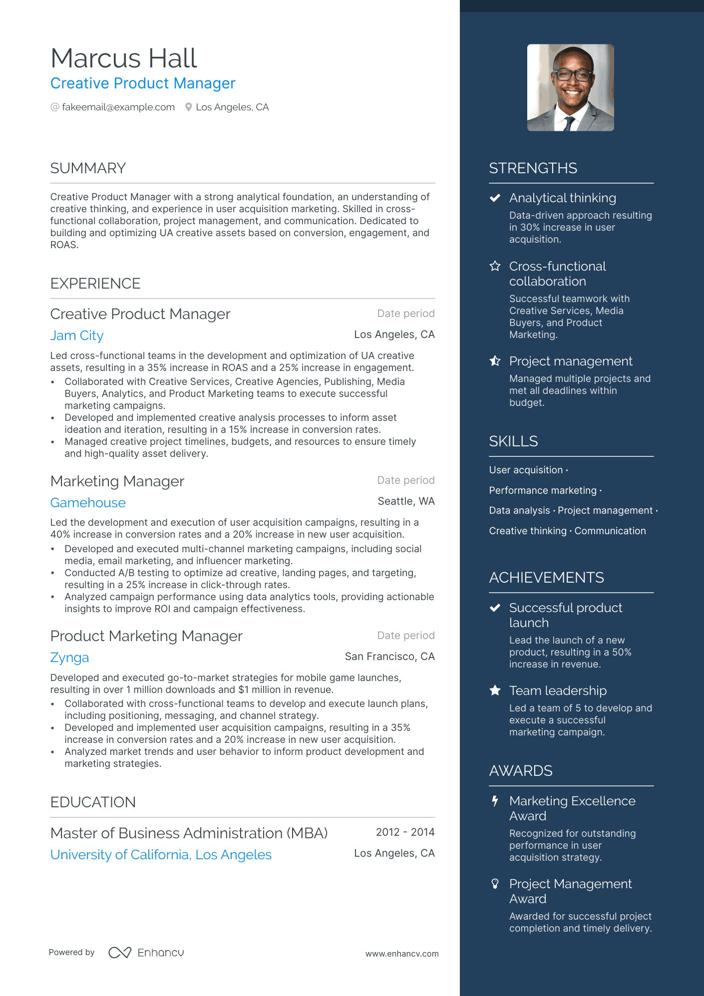 Creative Product Manager Resume Example