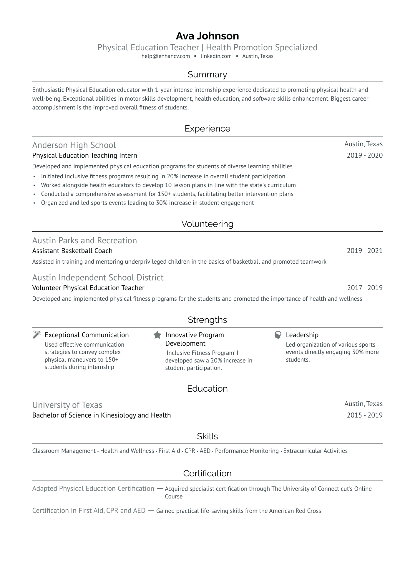 Entry Level Physical Education Teacher Resume Example