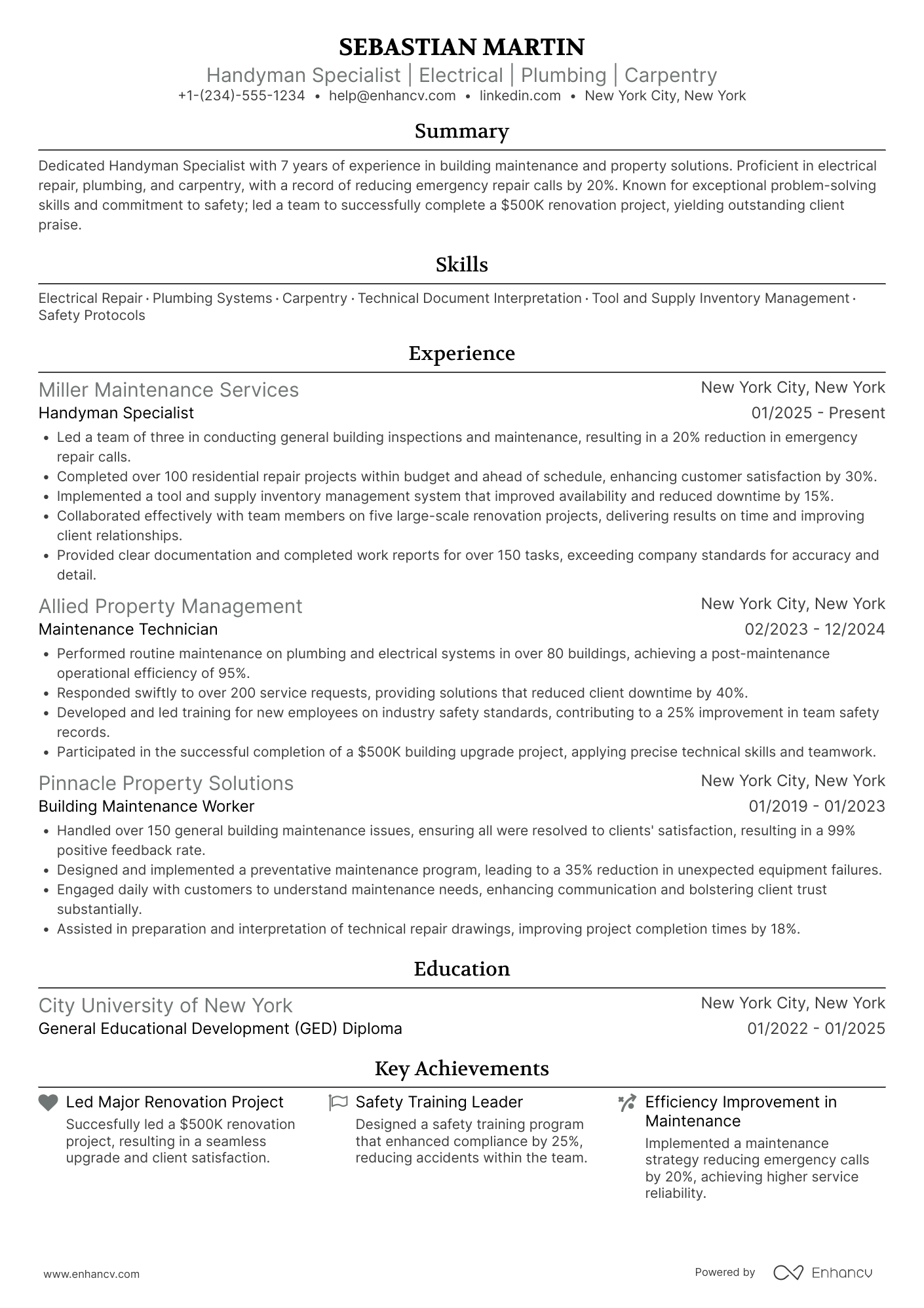 Handyman Specialist Resume Example