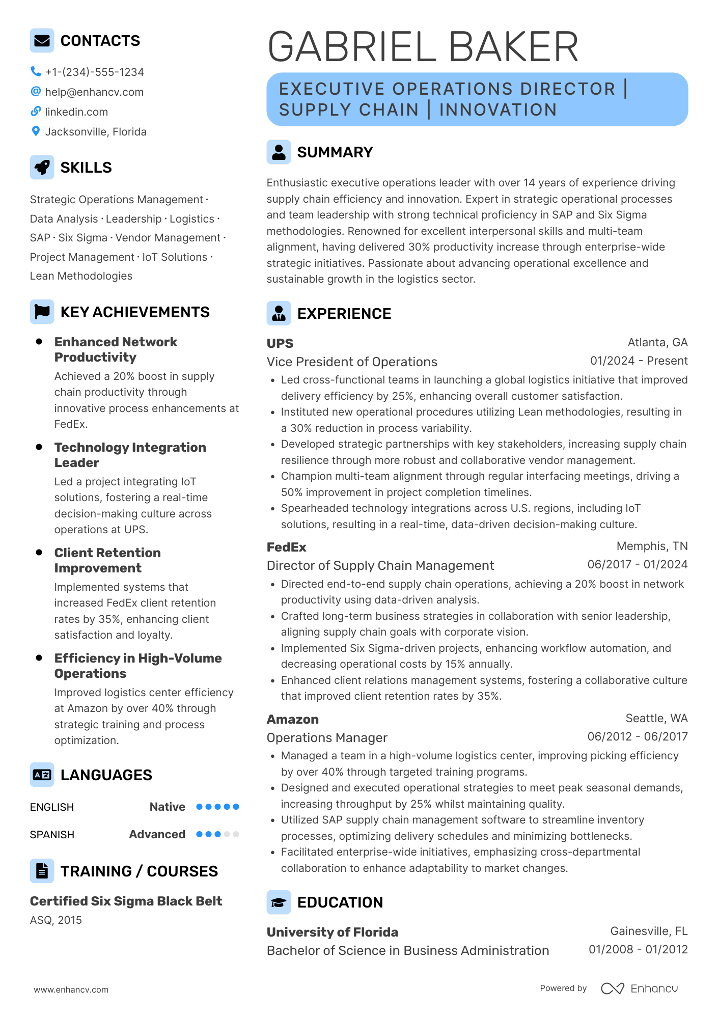 Managing Director of Operations Resume Example