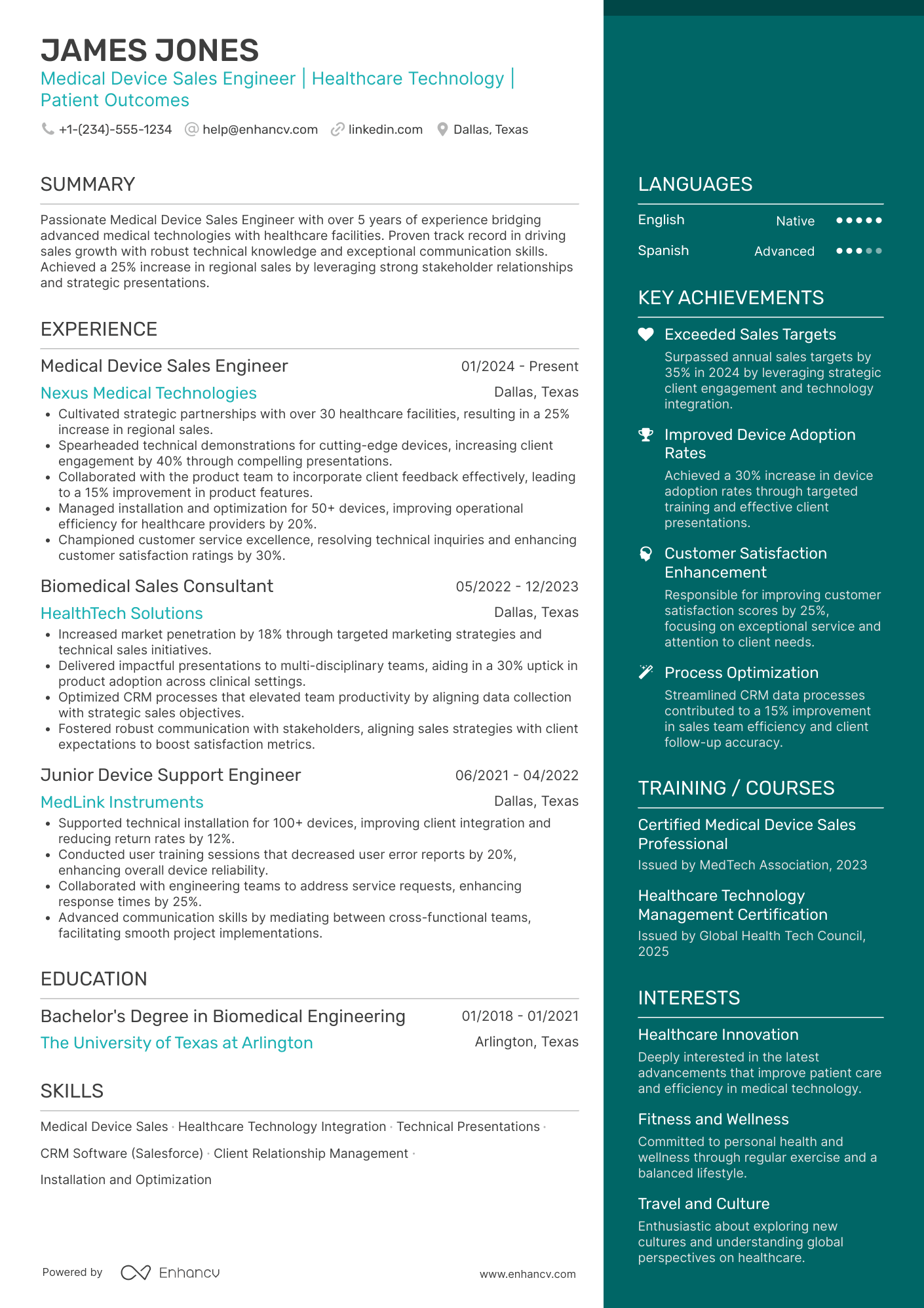 Medical Device Sales Engineer Resume Example