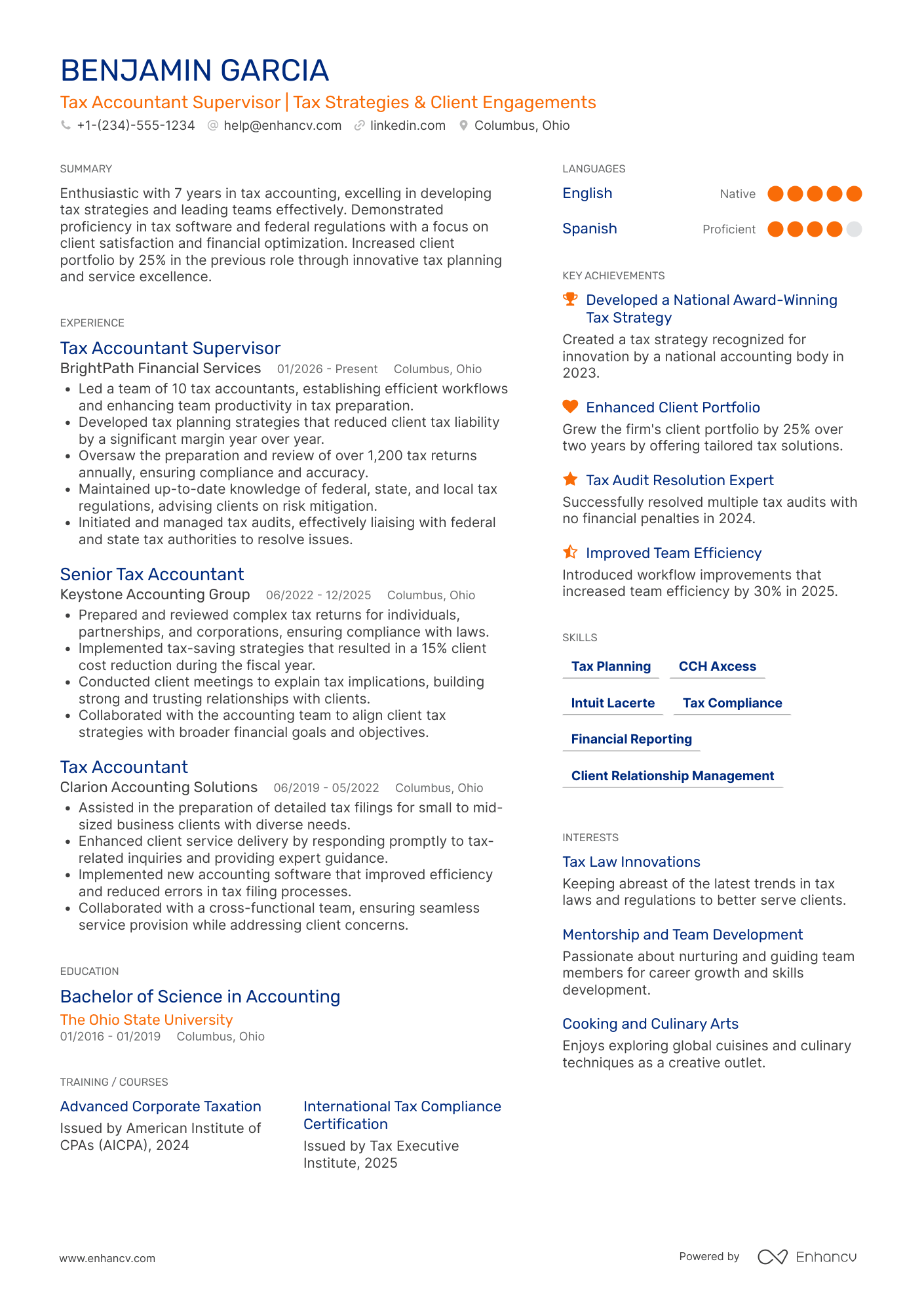 Tax Accountant Supervisor Resume Example