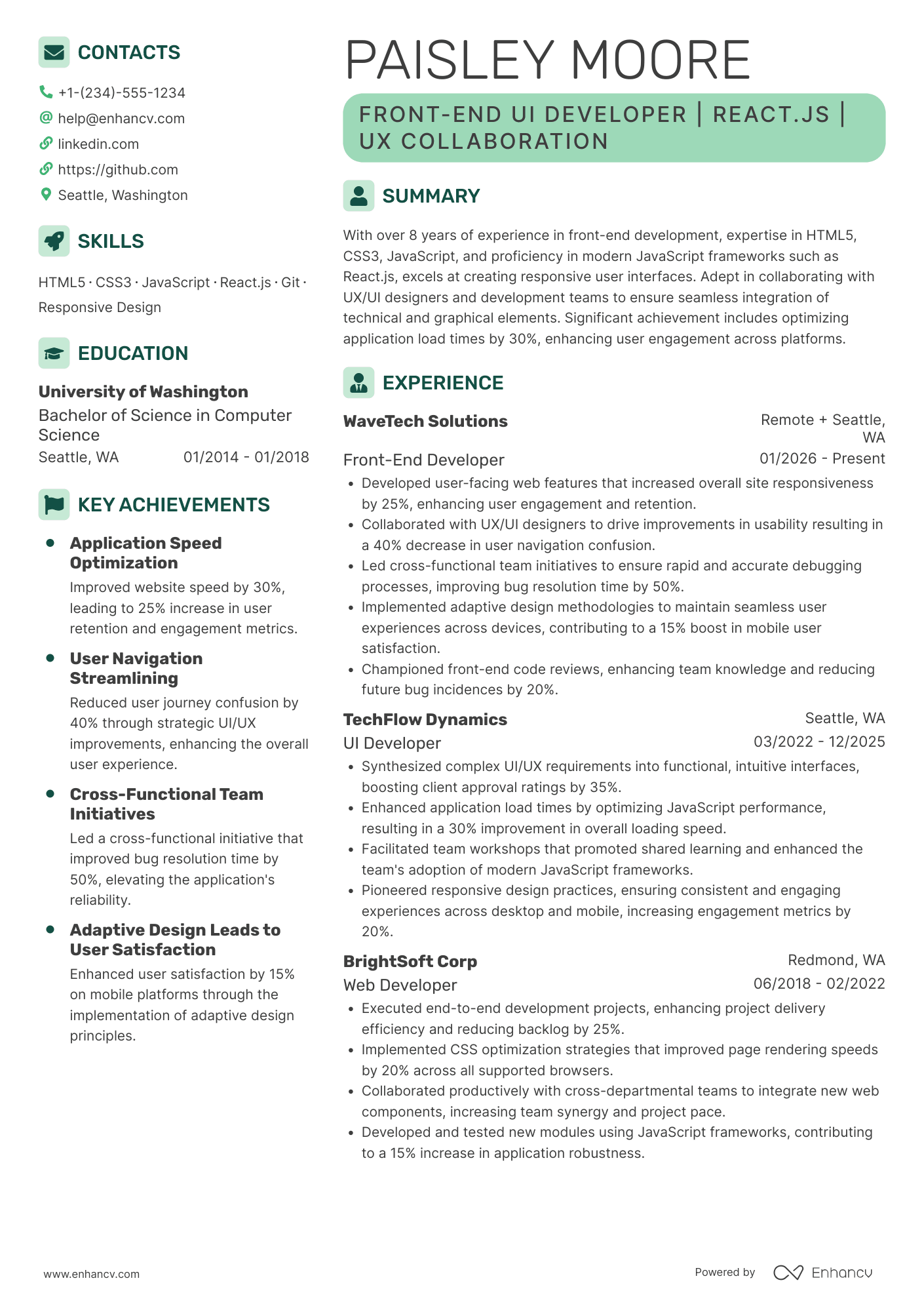 Front End UI Developer Resume Example