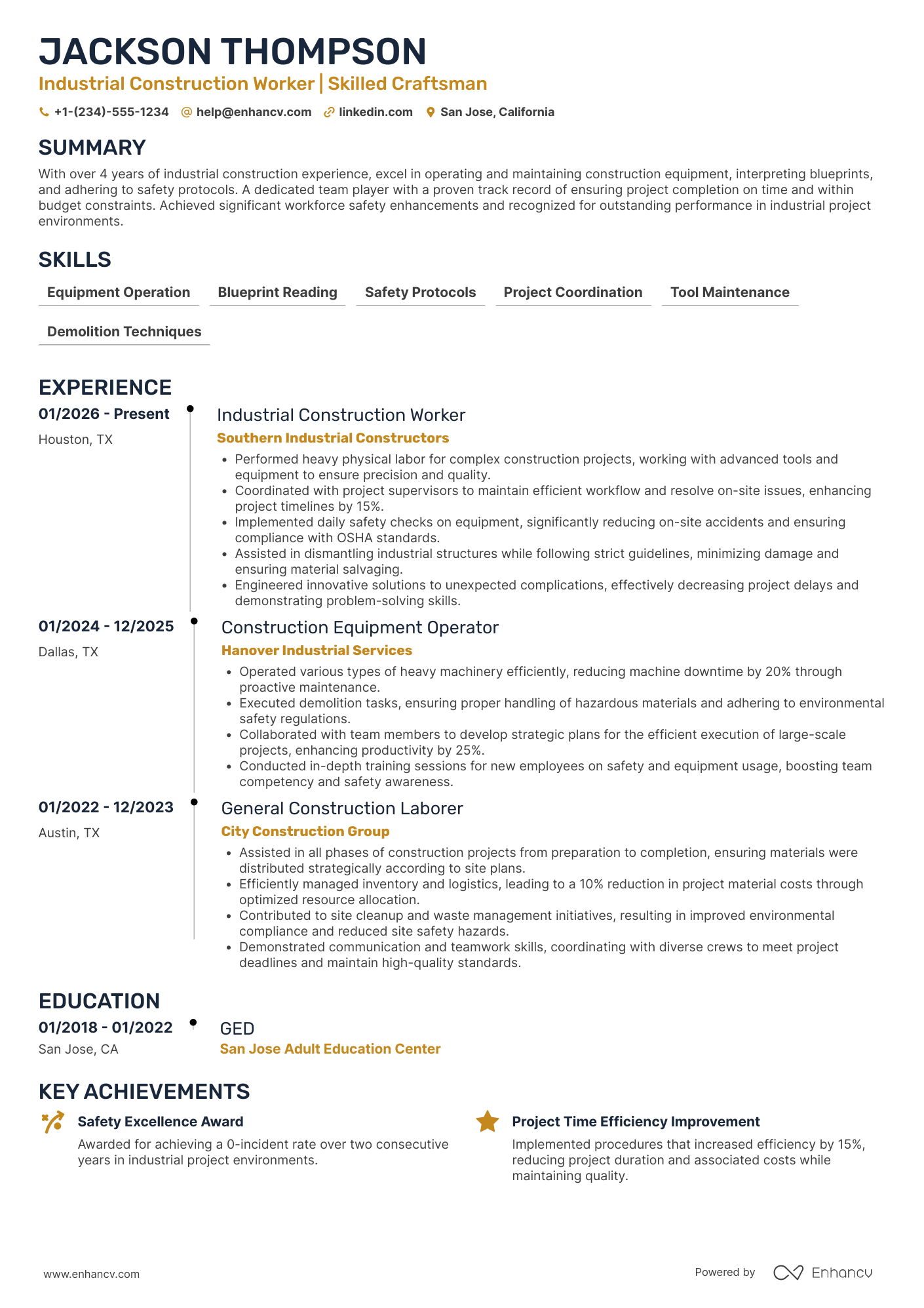 Industrial Construction Worker Resume Example