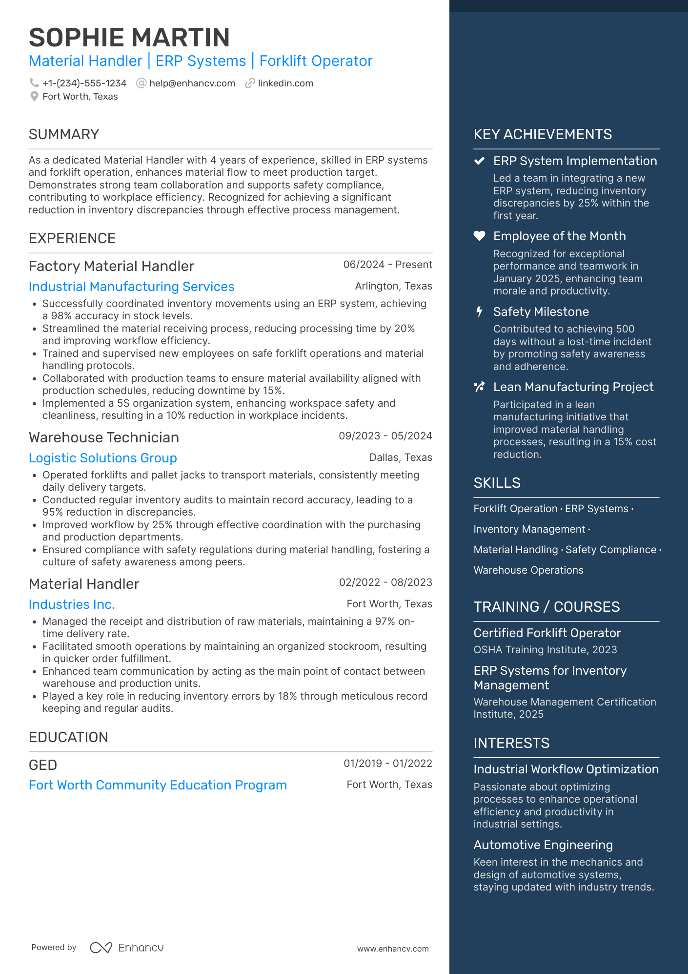 Factory Material Handler Resume Example