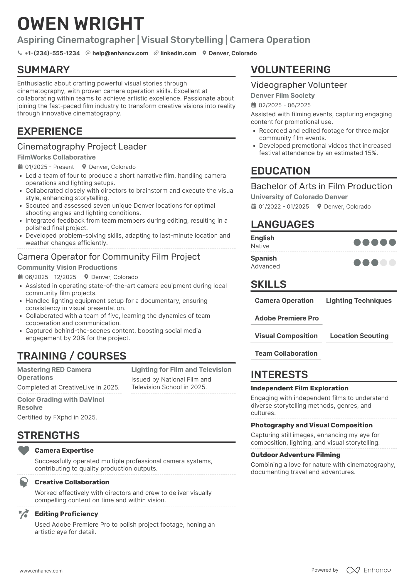 Cinematographer Intern Resume Example