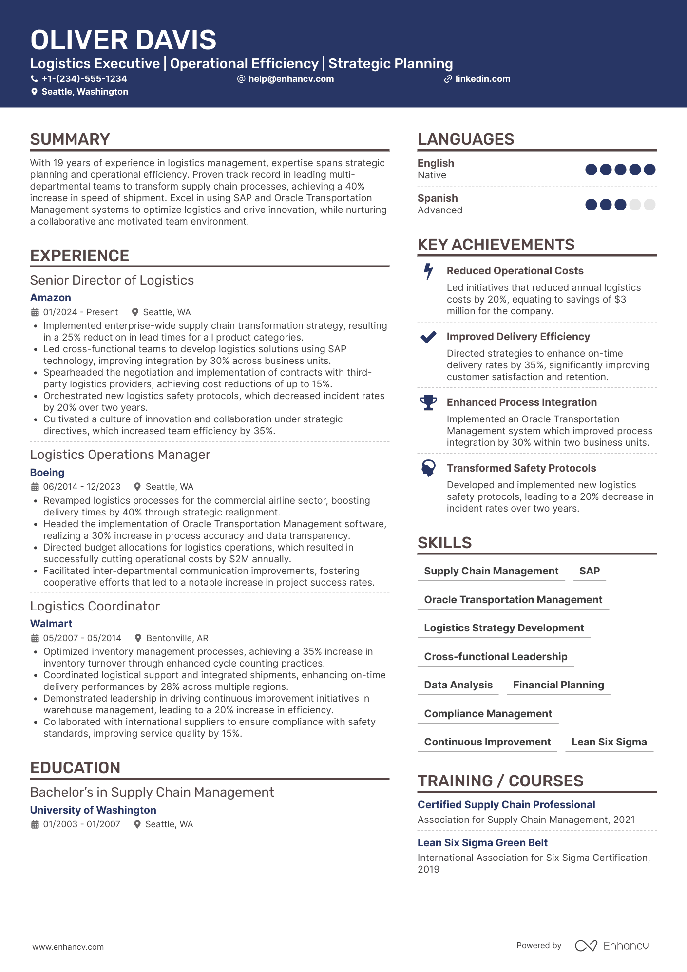 Associate Chief Logistics Officer Resume Example