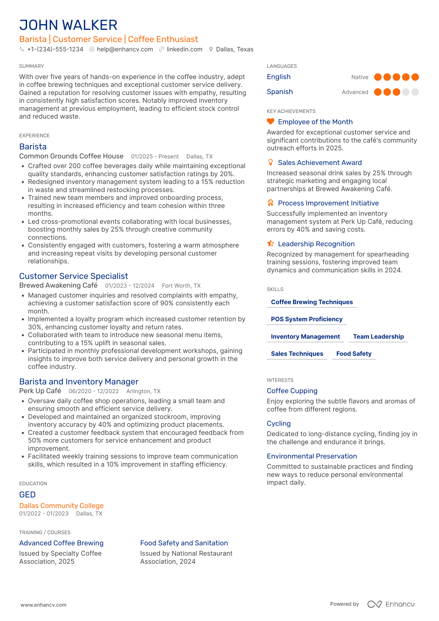 Barista and Customer Service Representative Resume Example