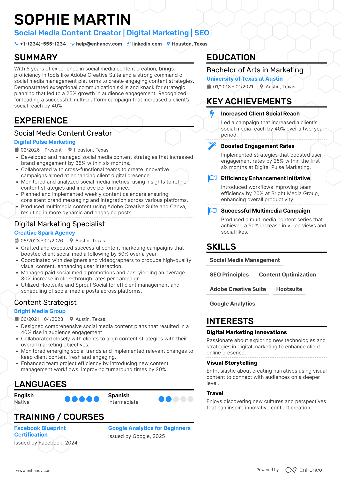 Social Media Marketing Content Creator Resume Example