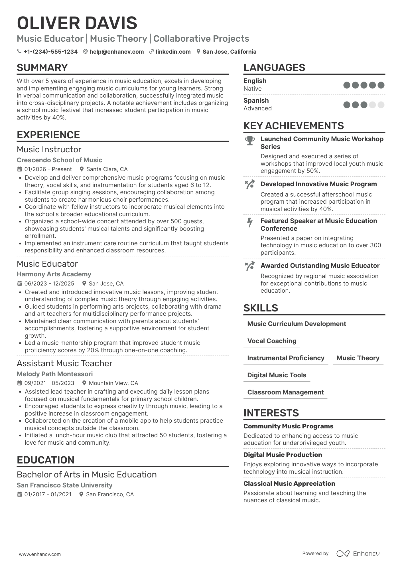 First Year Music Teacher Resume Example