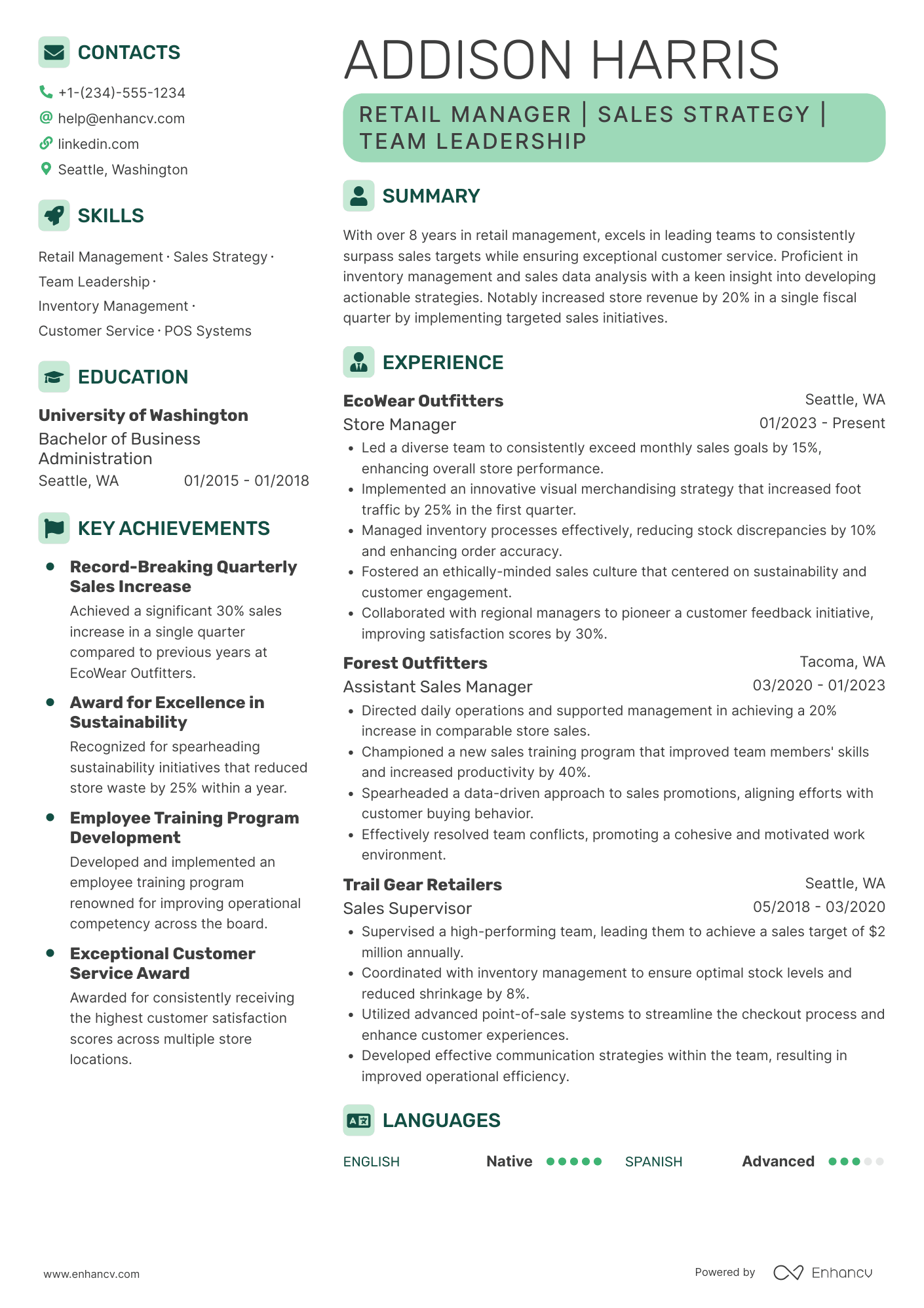 Store Sales Manager Resume Example