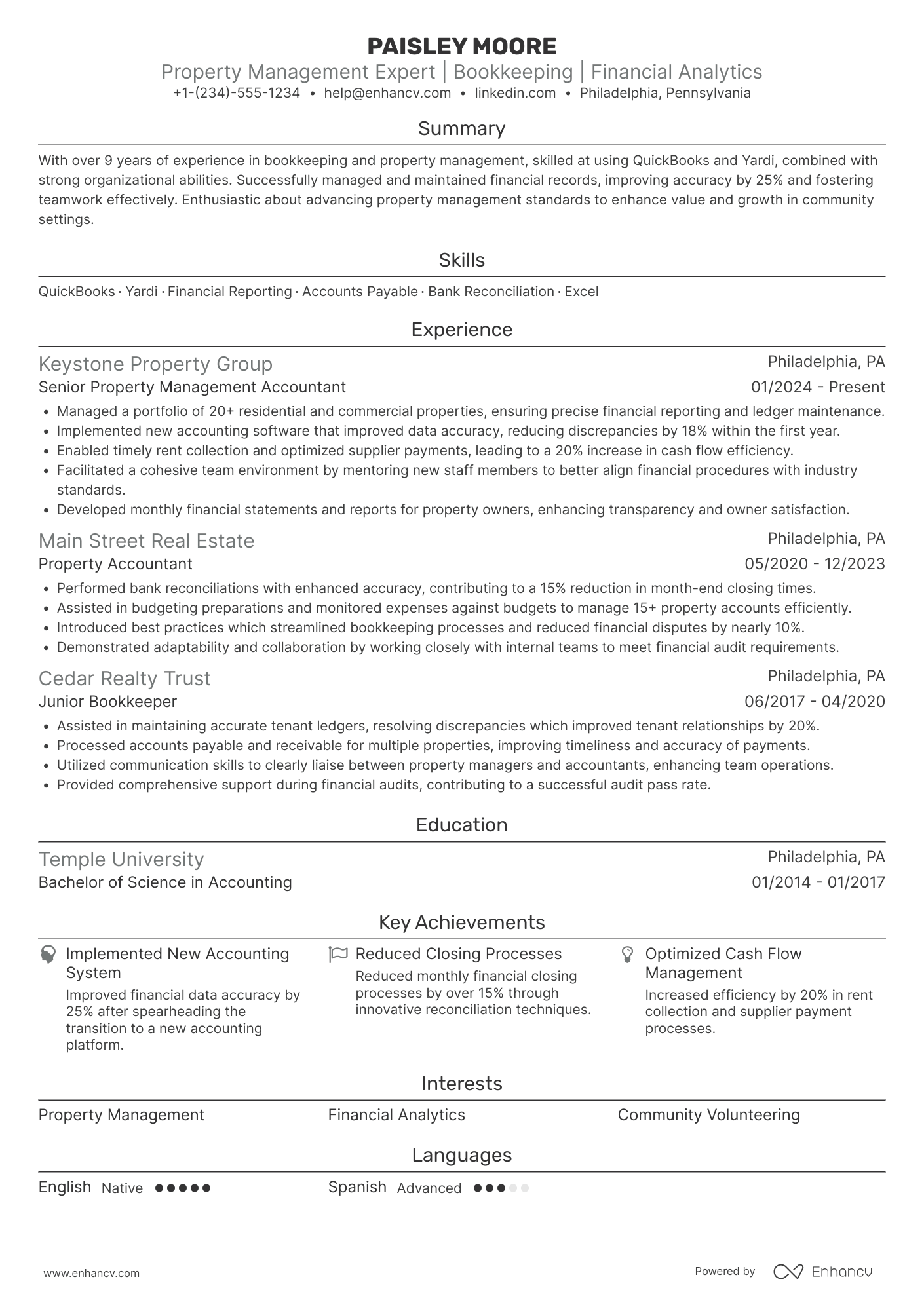 Property Management Bookkeeper Resume Example