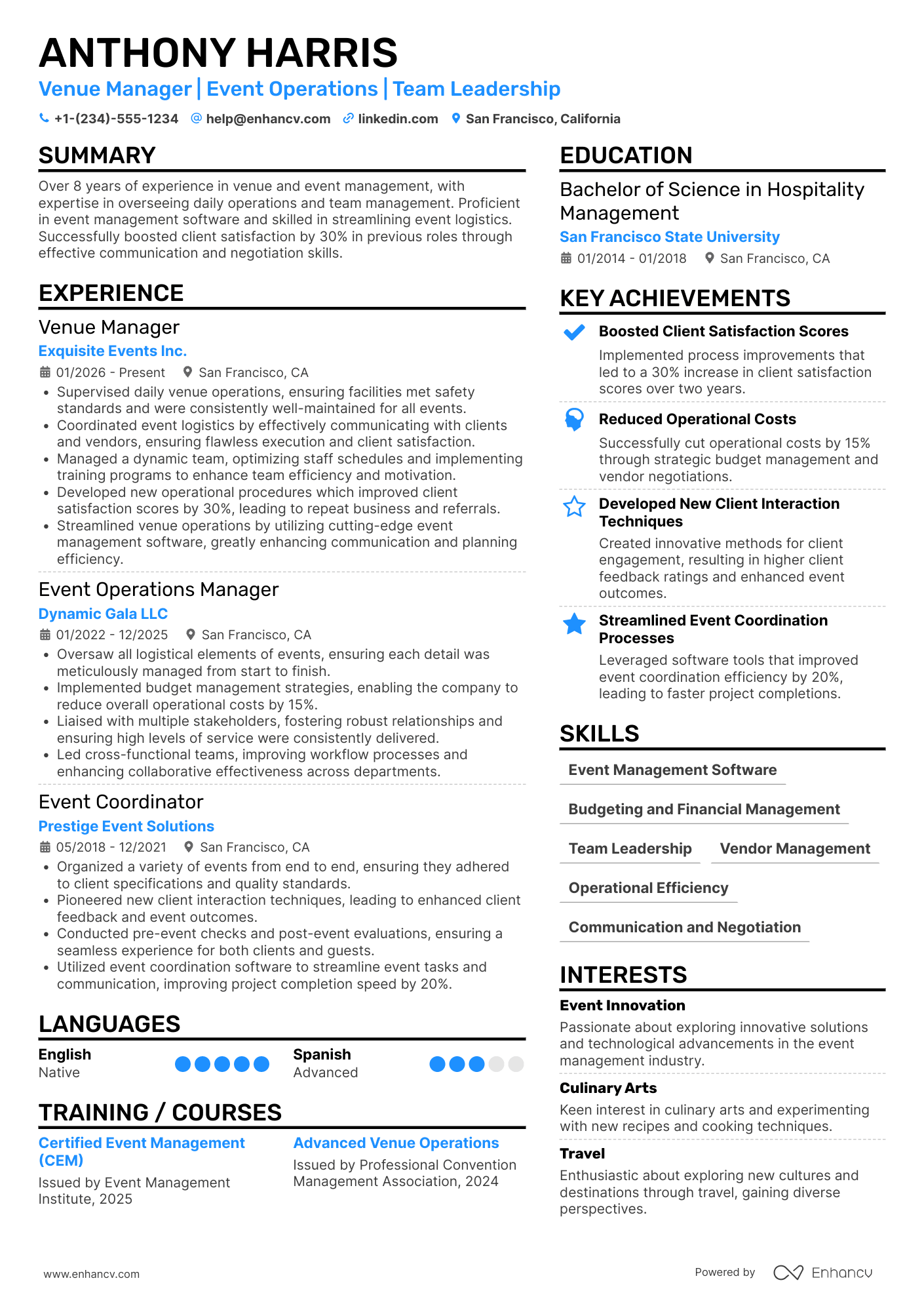 Venue Manager Resume Example