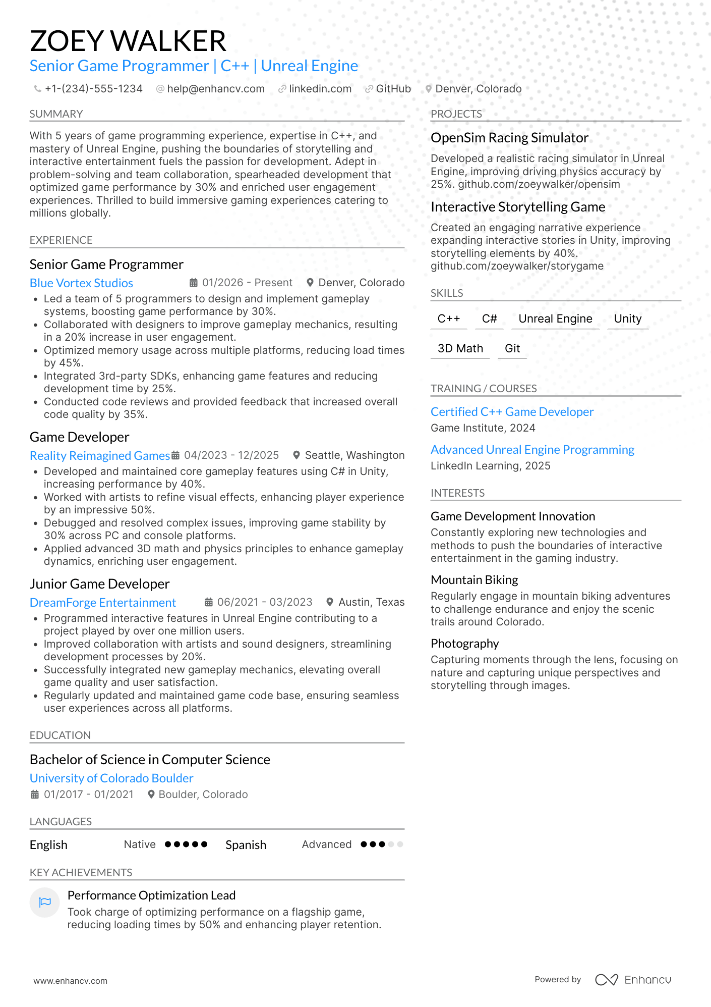 Game Programmer Resume Example