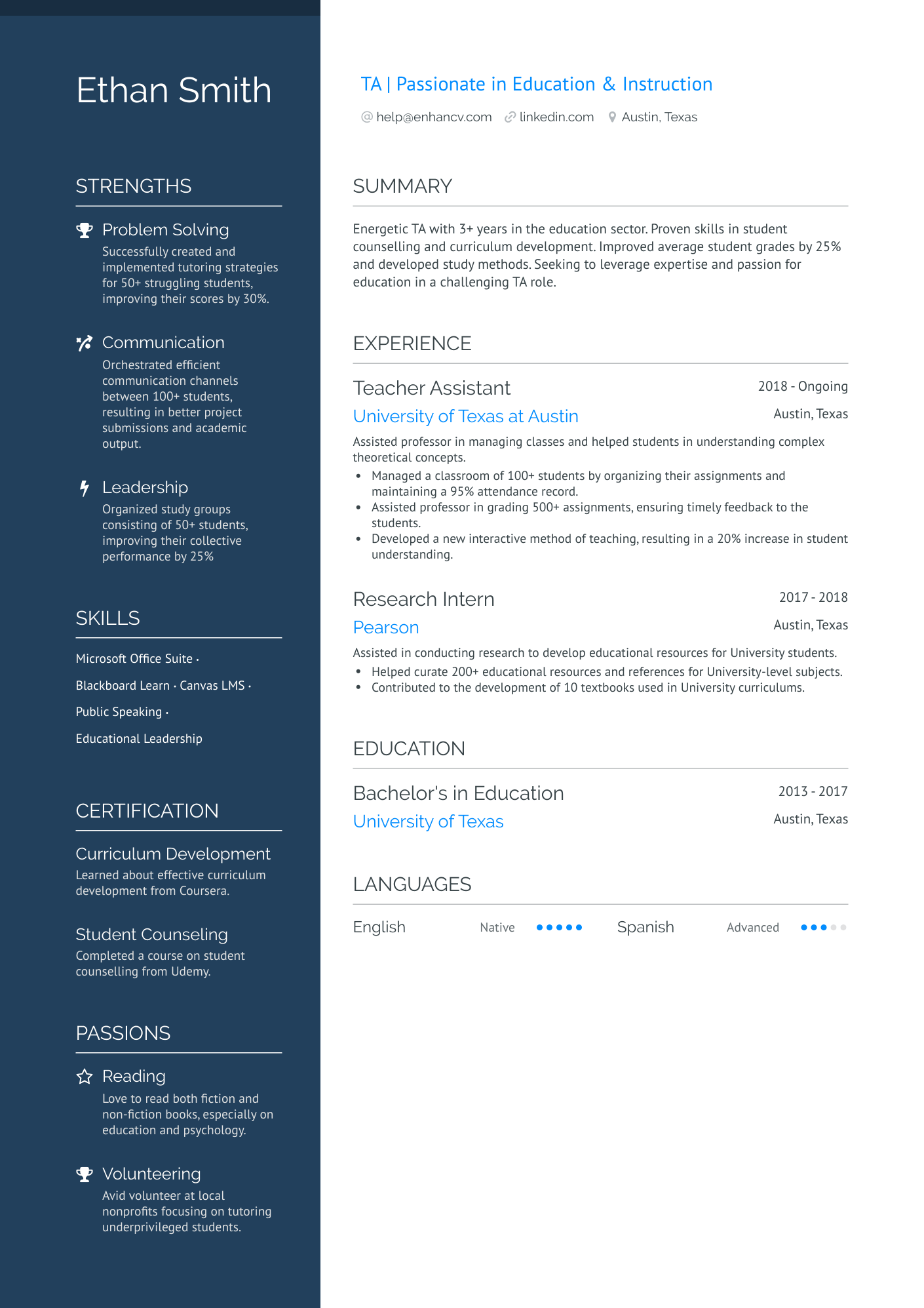 College Student Teacher Assistant Resume Example