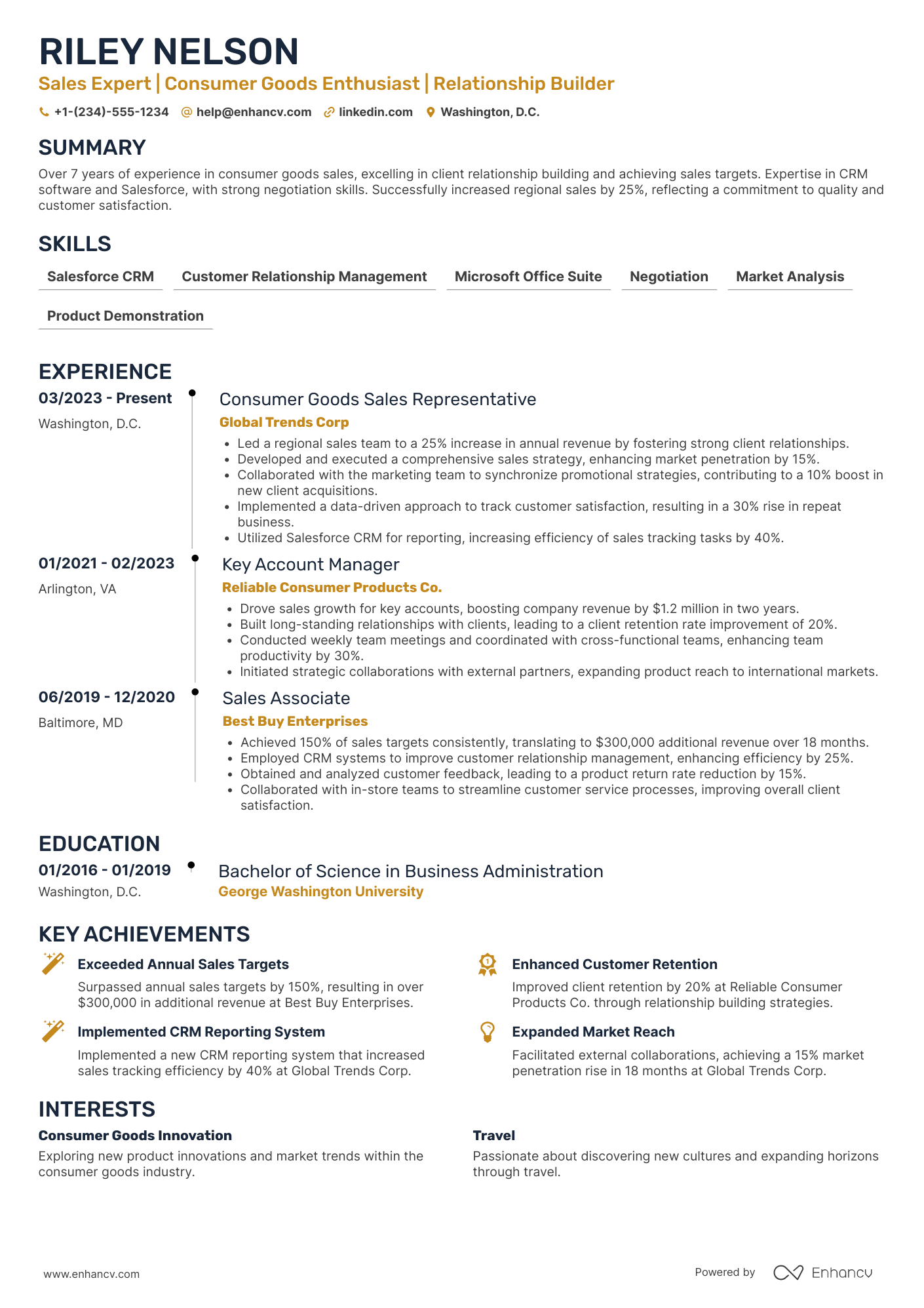 Consumer Goods Sales Representative Resume Example