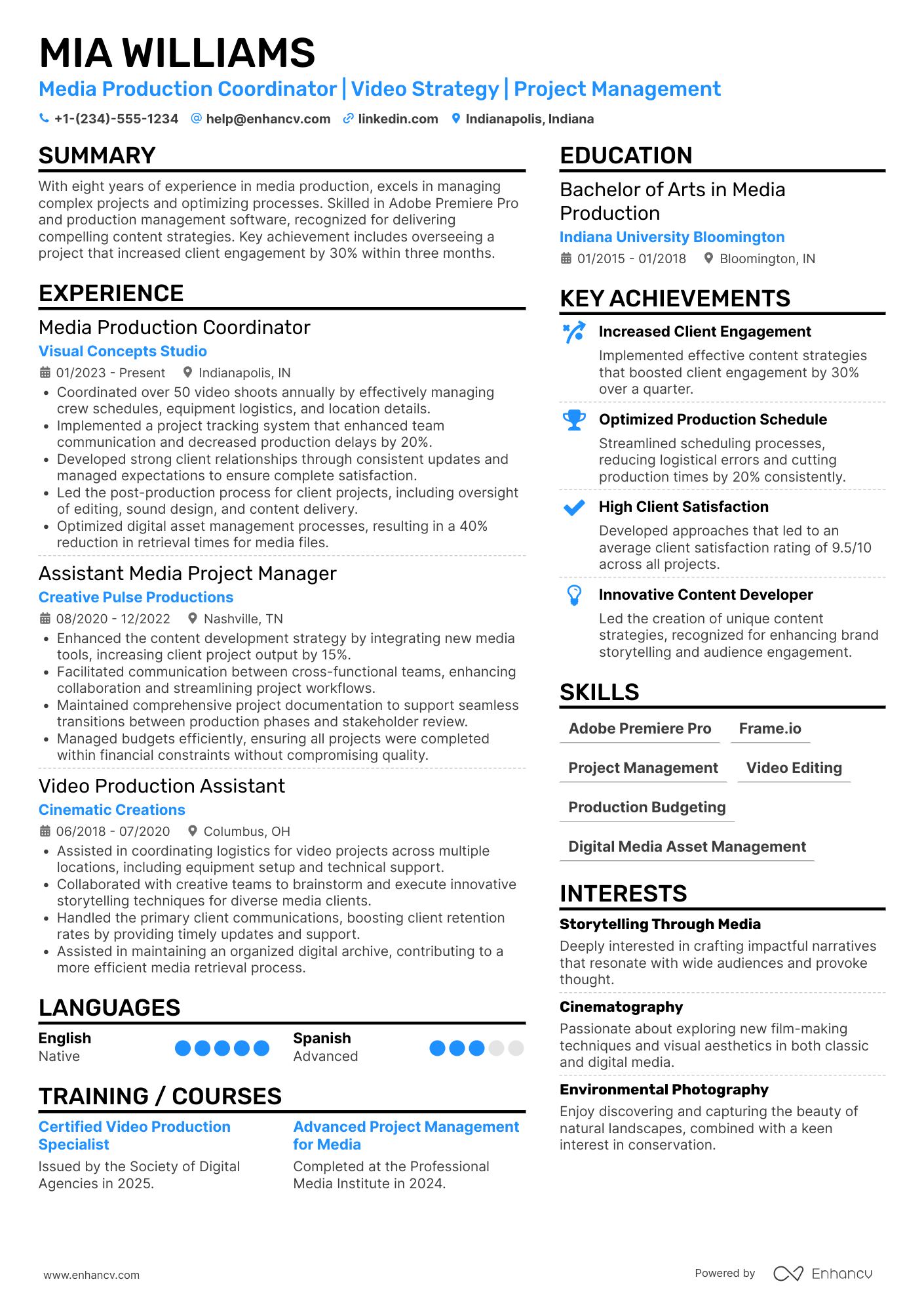 Media Production Coordinator Resume Example
