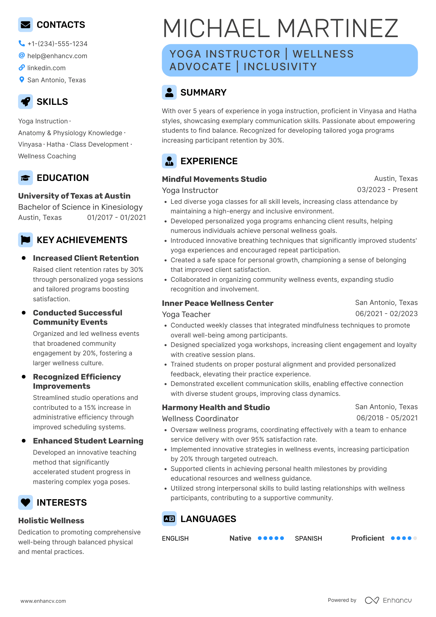 Yoga Teacher Resume Example