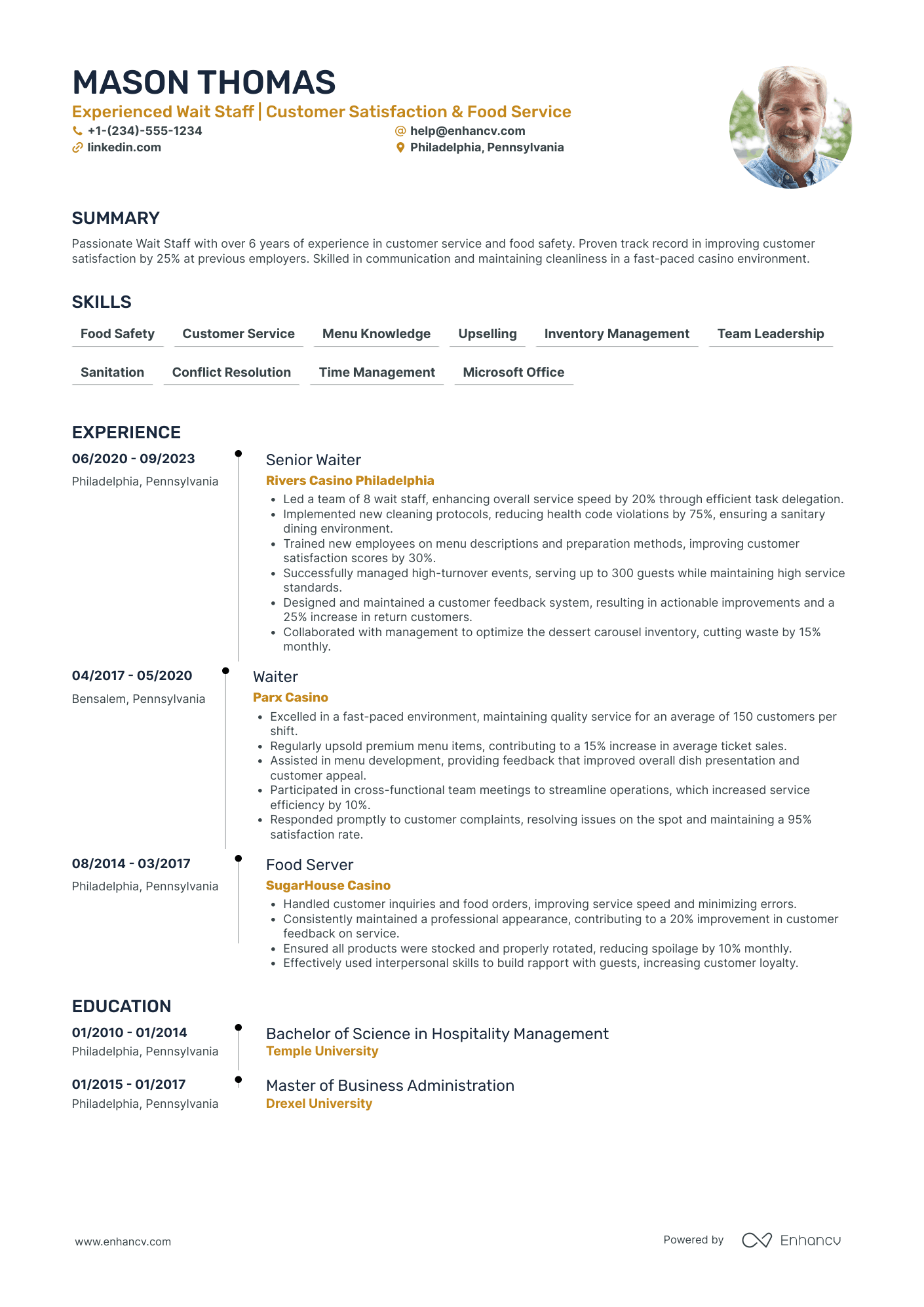 Cafe Waitress Resume Example