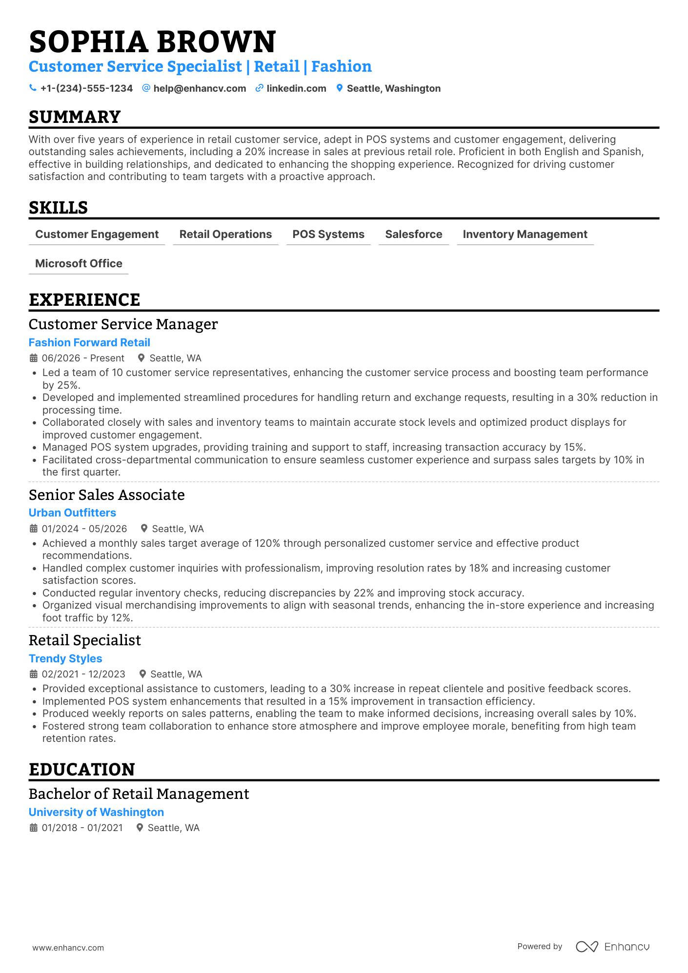 Customer Service Retail Specialist Resume Example