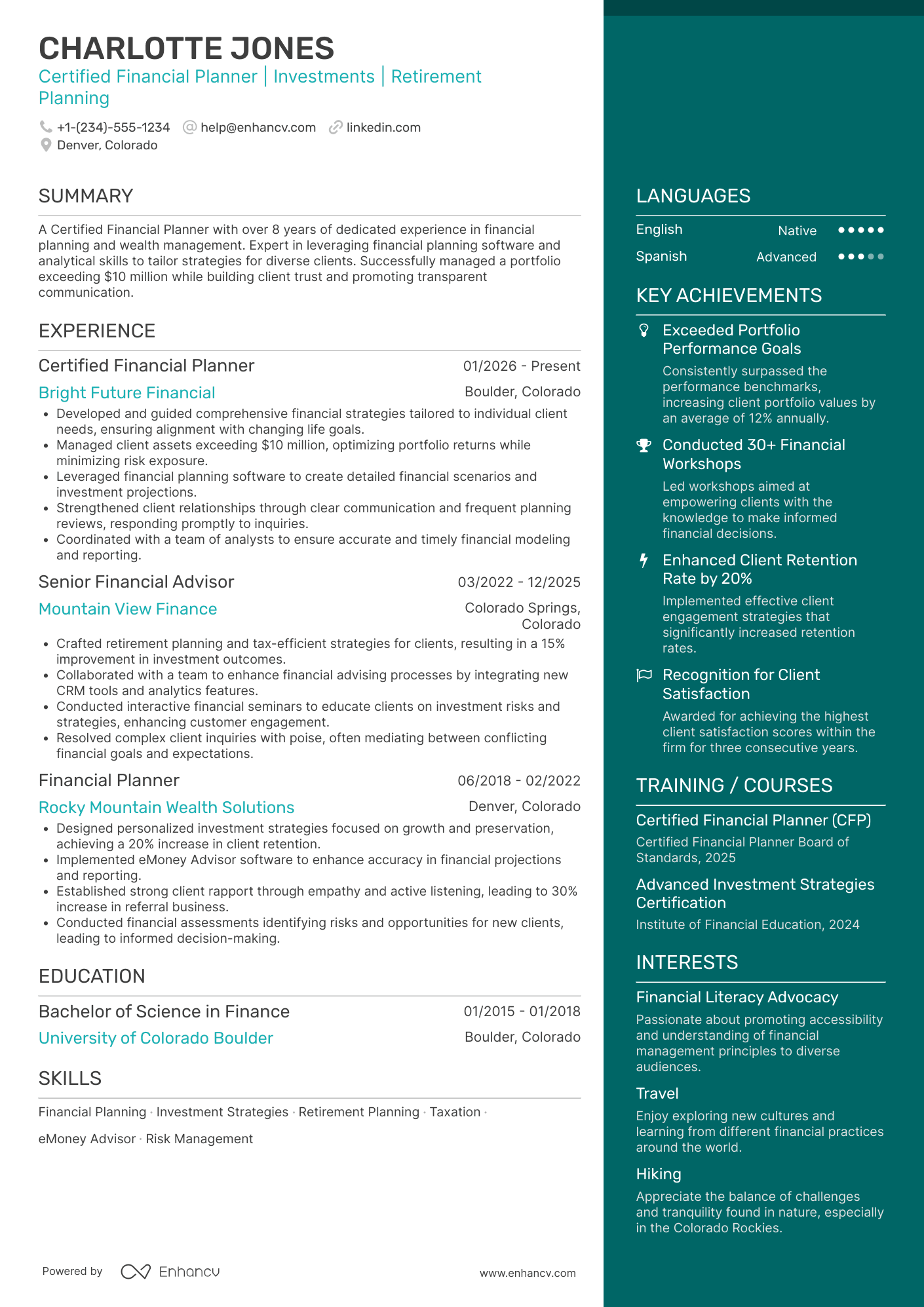 Certified Financial Planner Resume Example