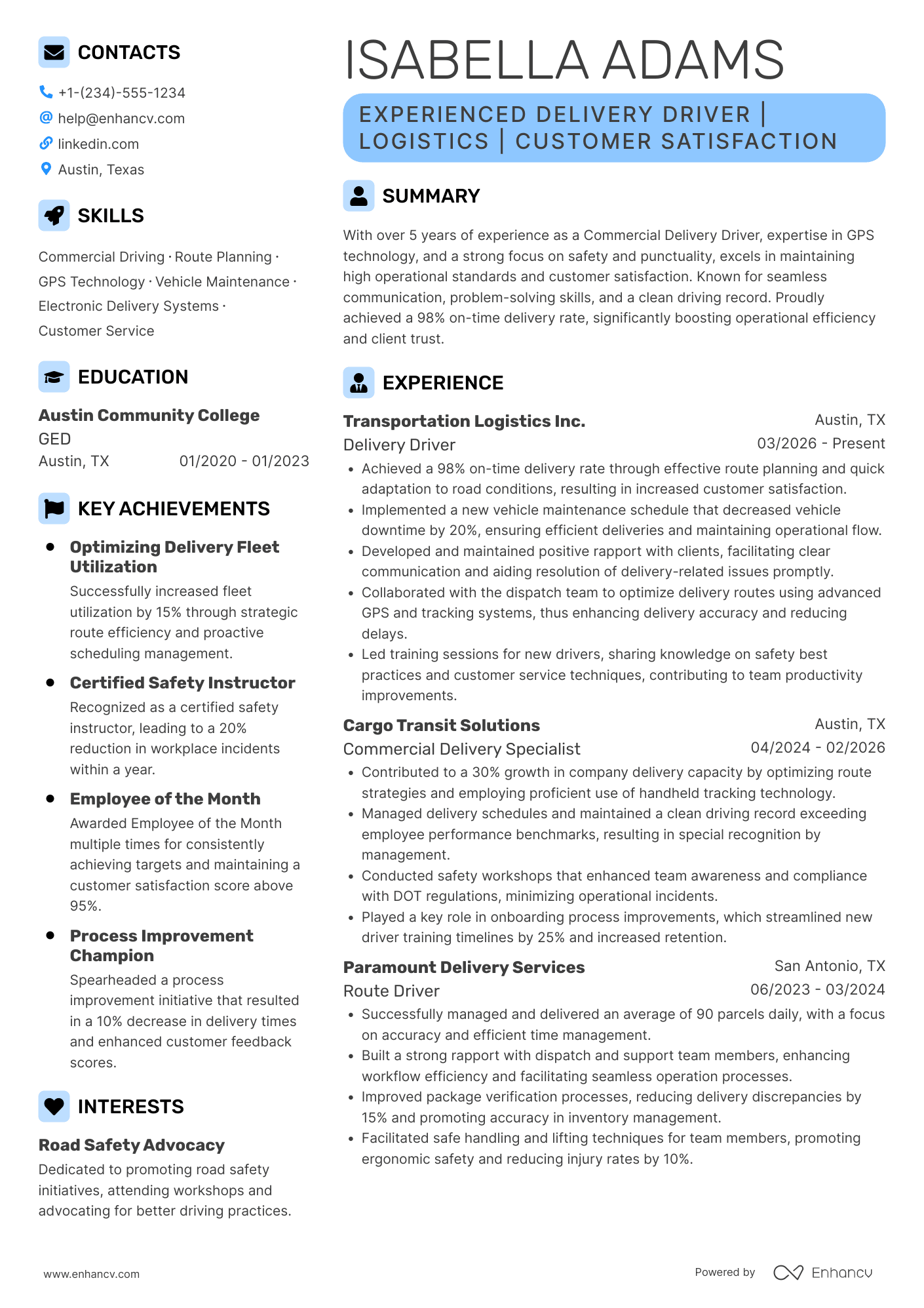 Experienced Delivery Driver Resume Example