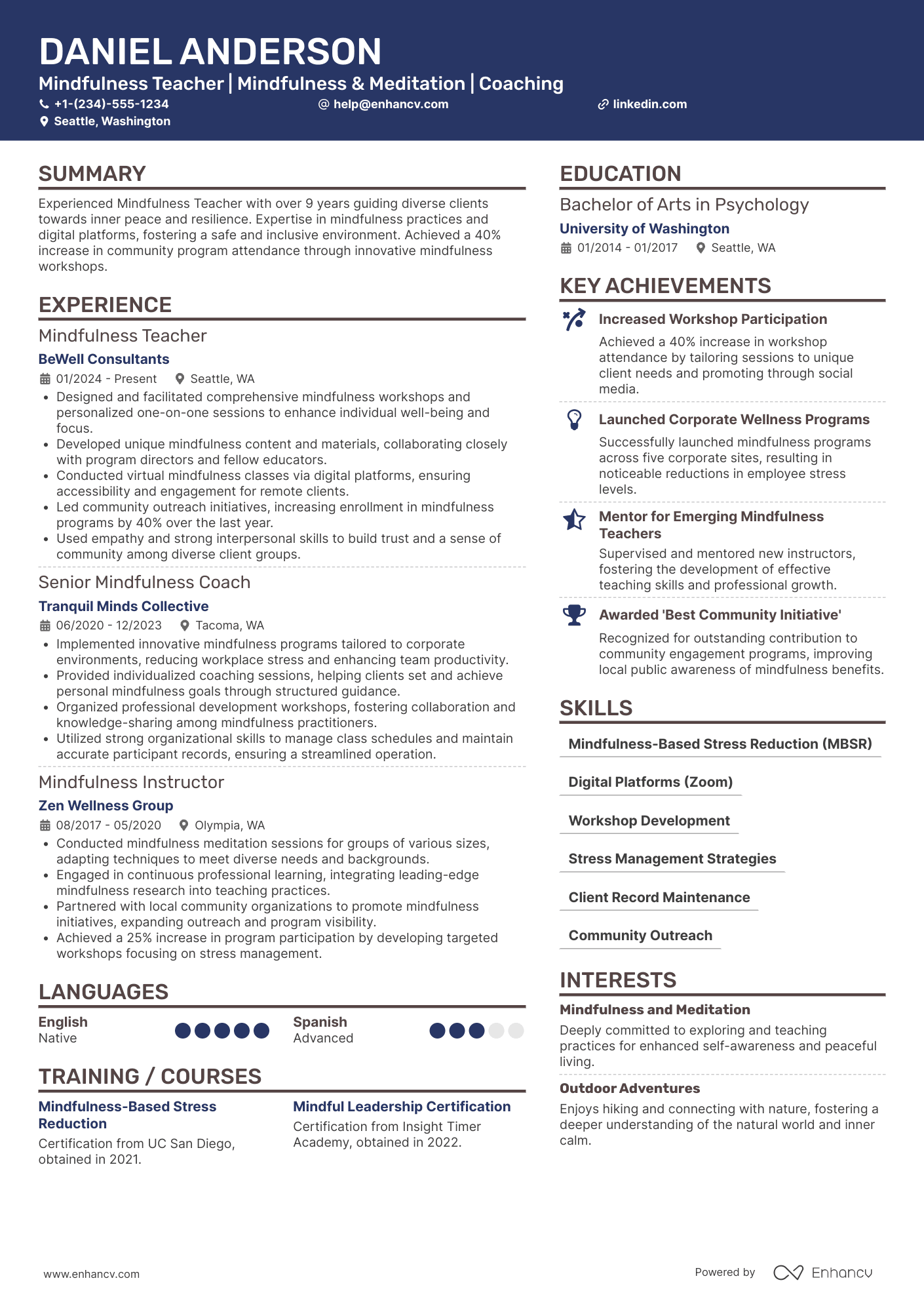 Mindfulness Teacher Resume Example