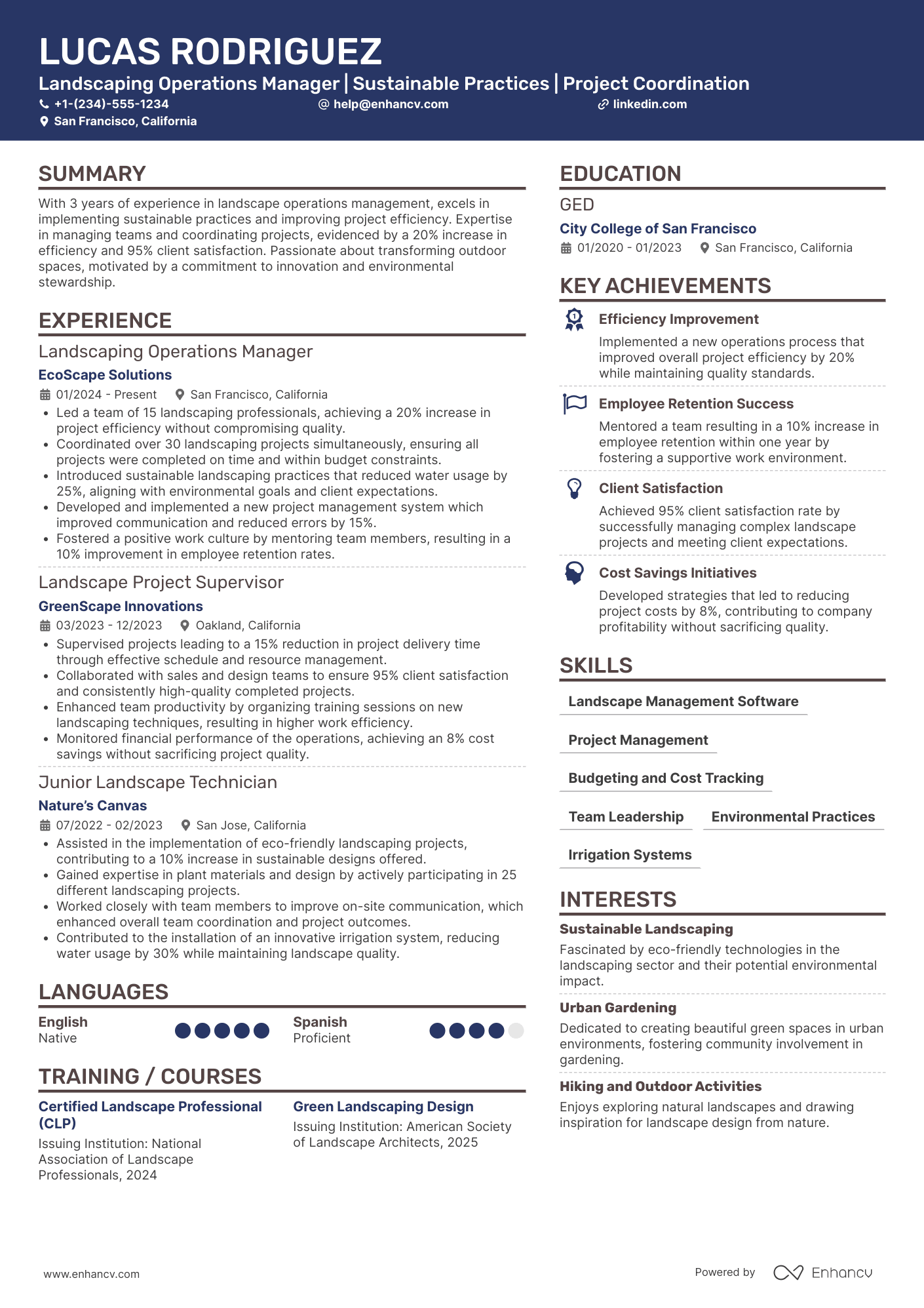 Landscaping Operations Manager Resume Example