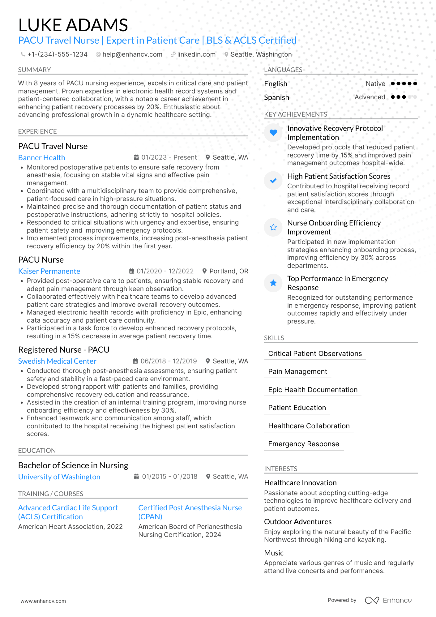 PACU Travel Nurse Resume Example