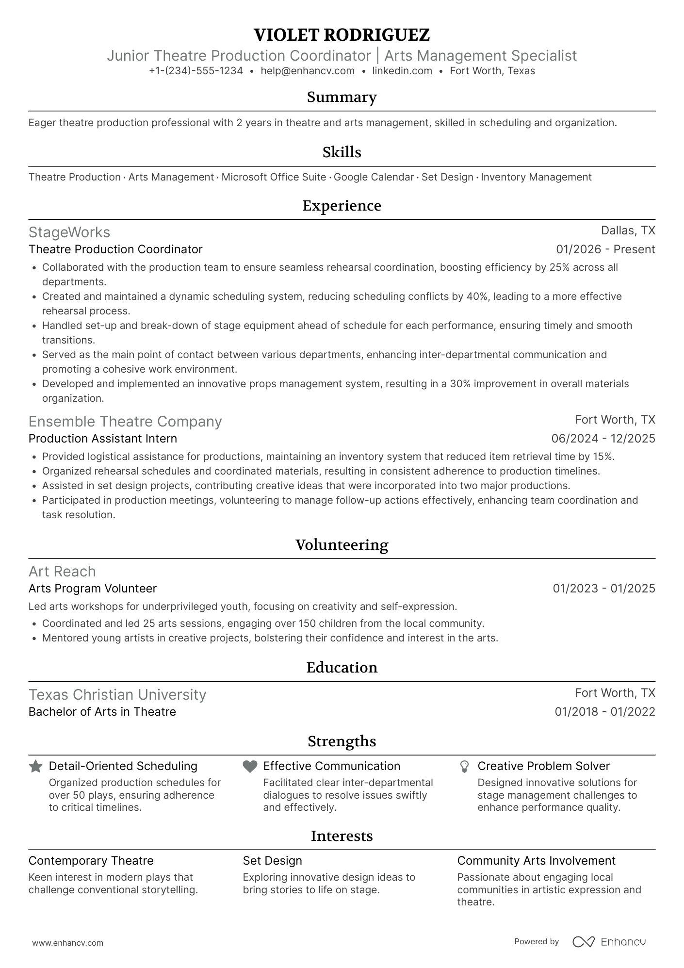 Theatre Production Assistant Resume Example