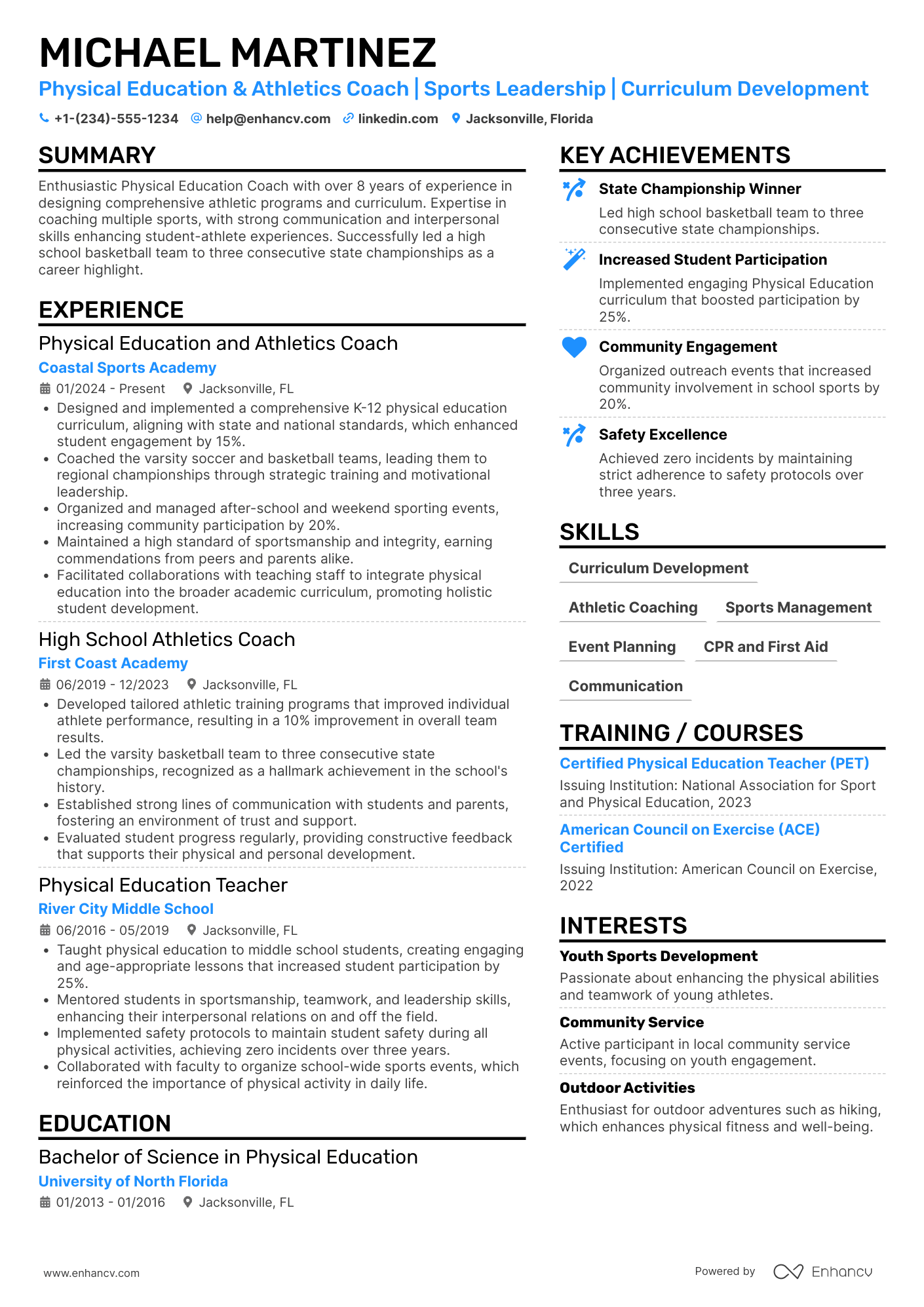 Physical Education and Athletics Coach Resume Example