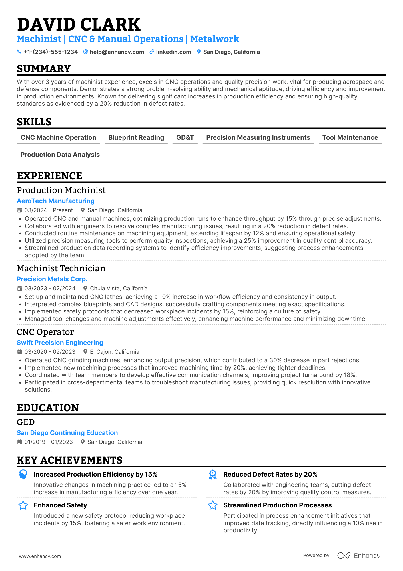 Production Machinist Resume Example