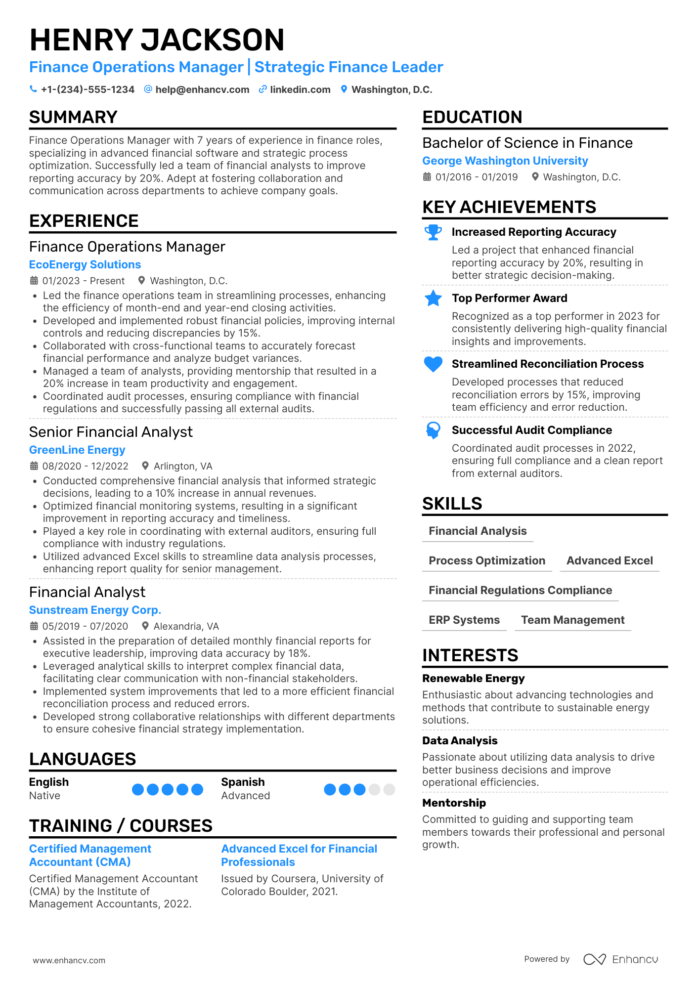 Finance Operations Manager Resume Example