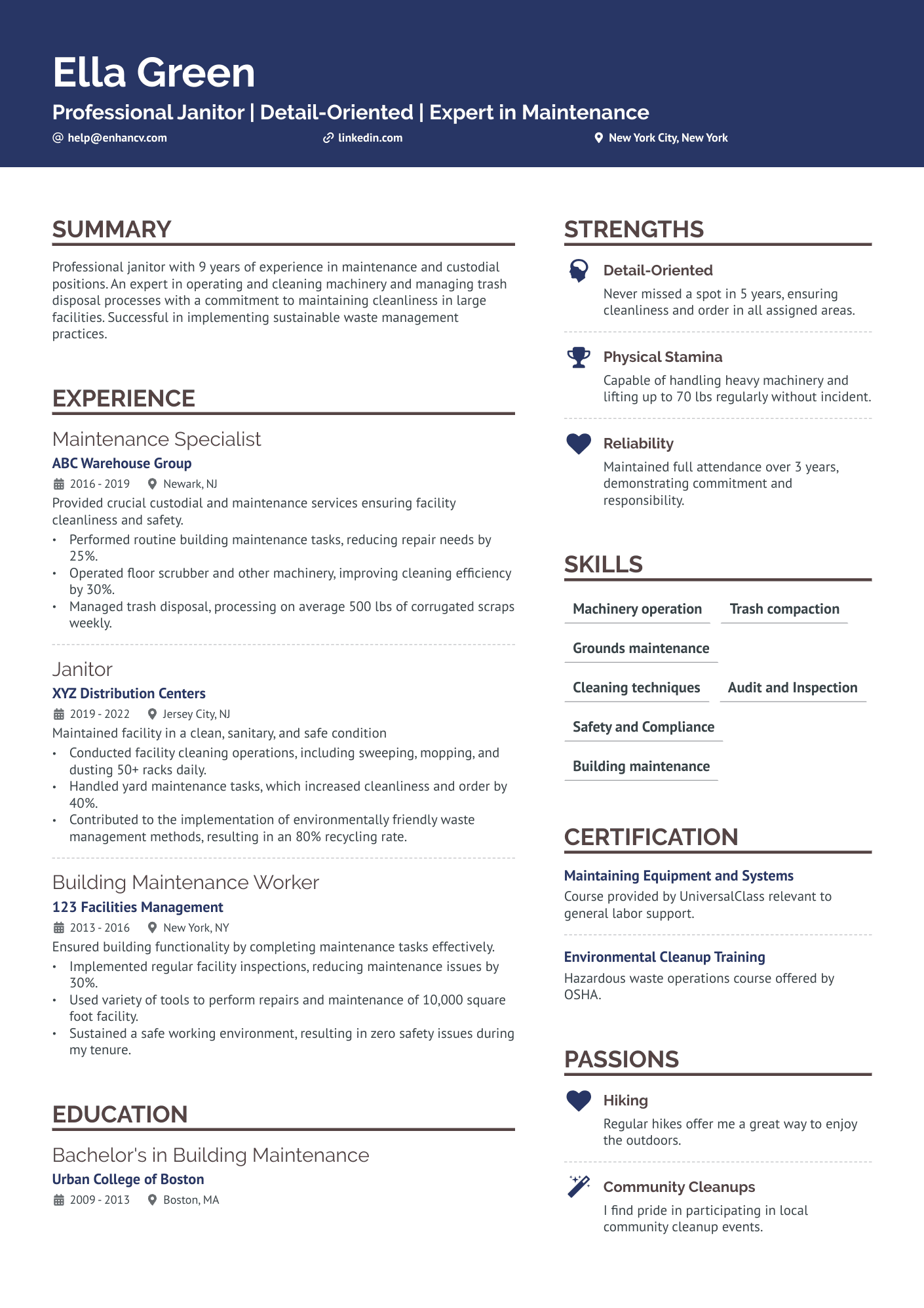 Warehouse Janitor Resume Example