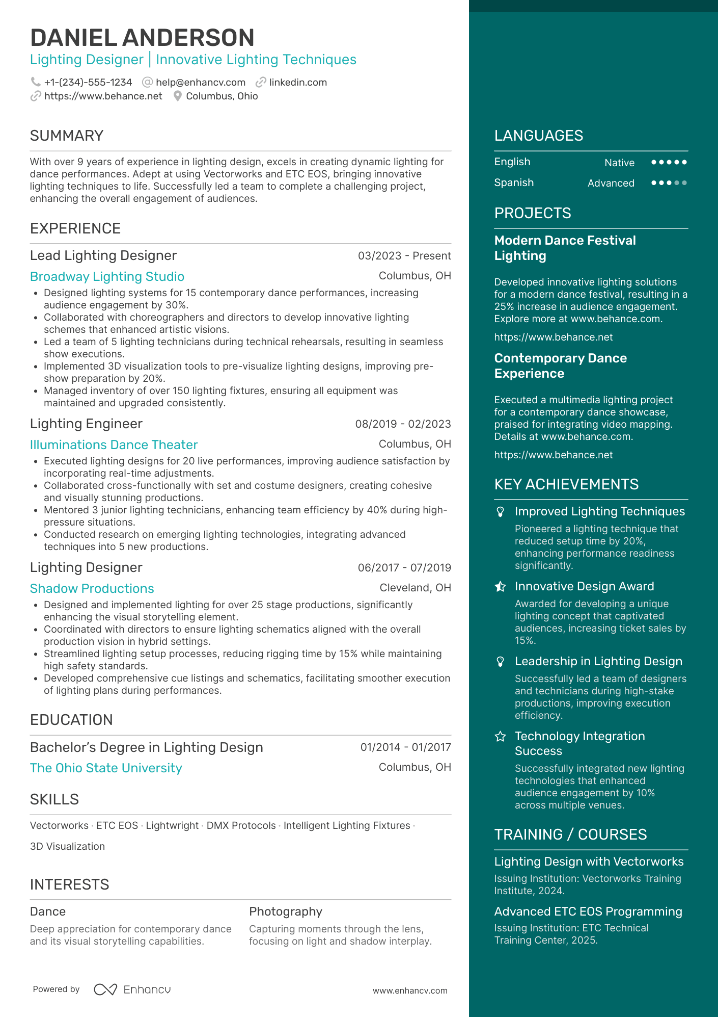 Dance Lighting Designer Resume Example