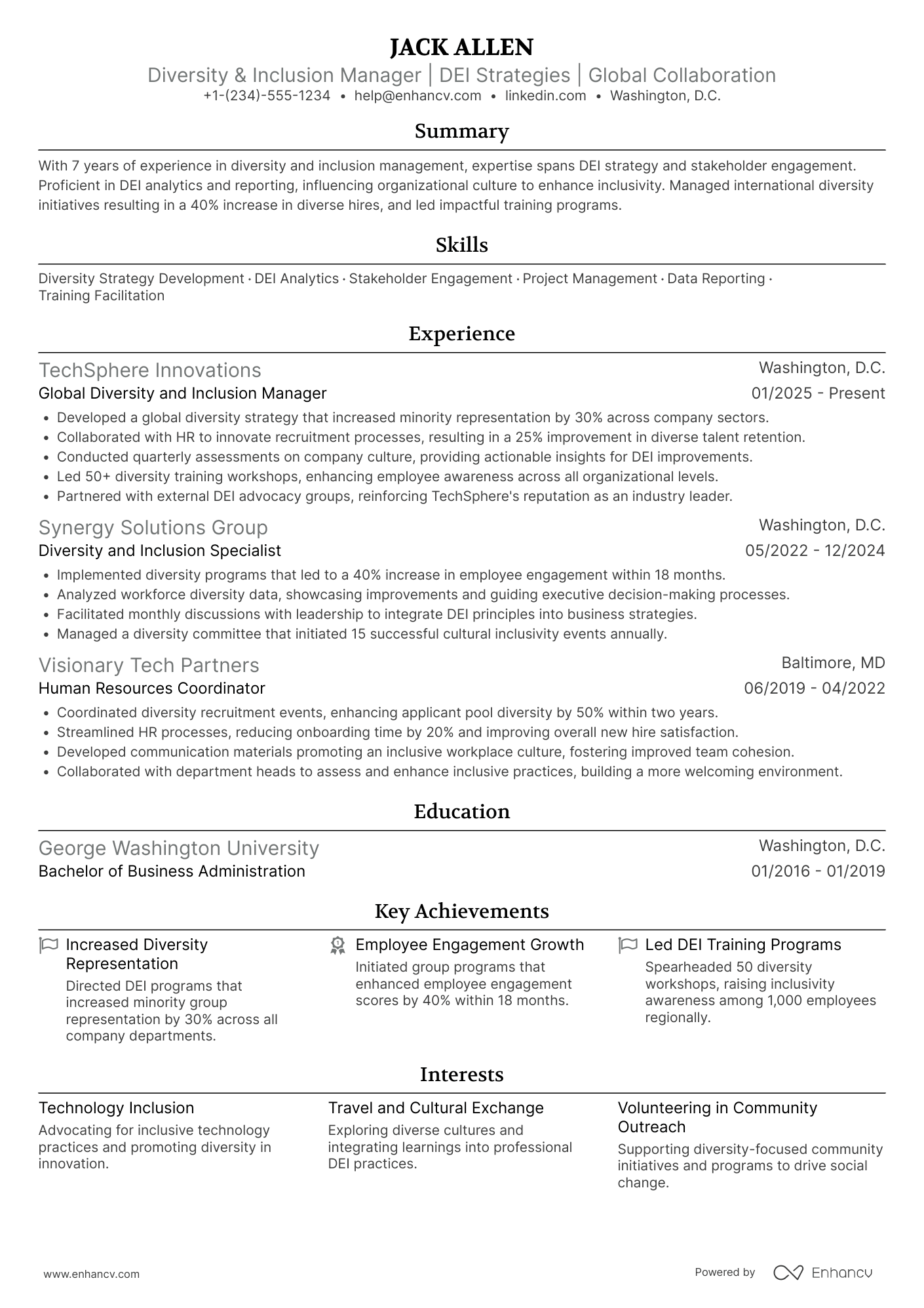 Global Diversity and Inclusion Manager Resume Example