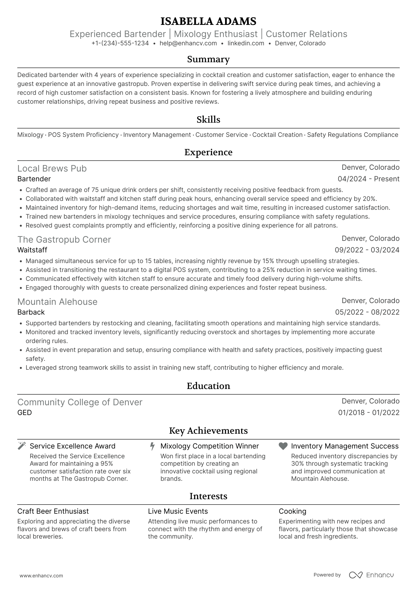 Bartender/Waitstaff Resume Example