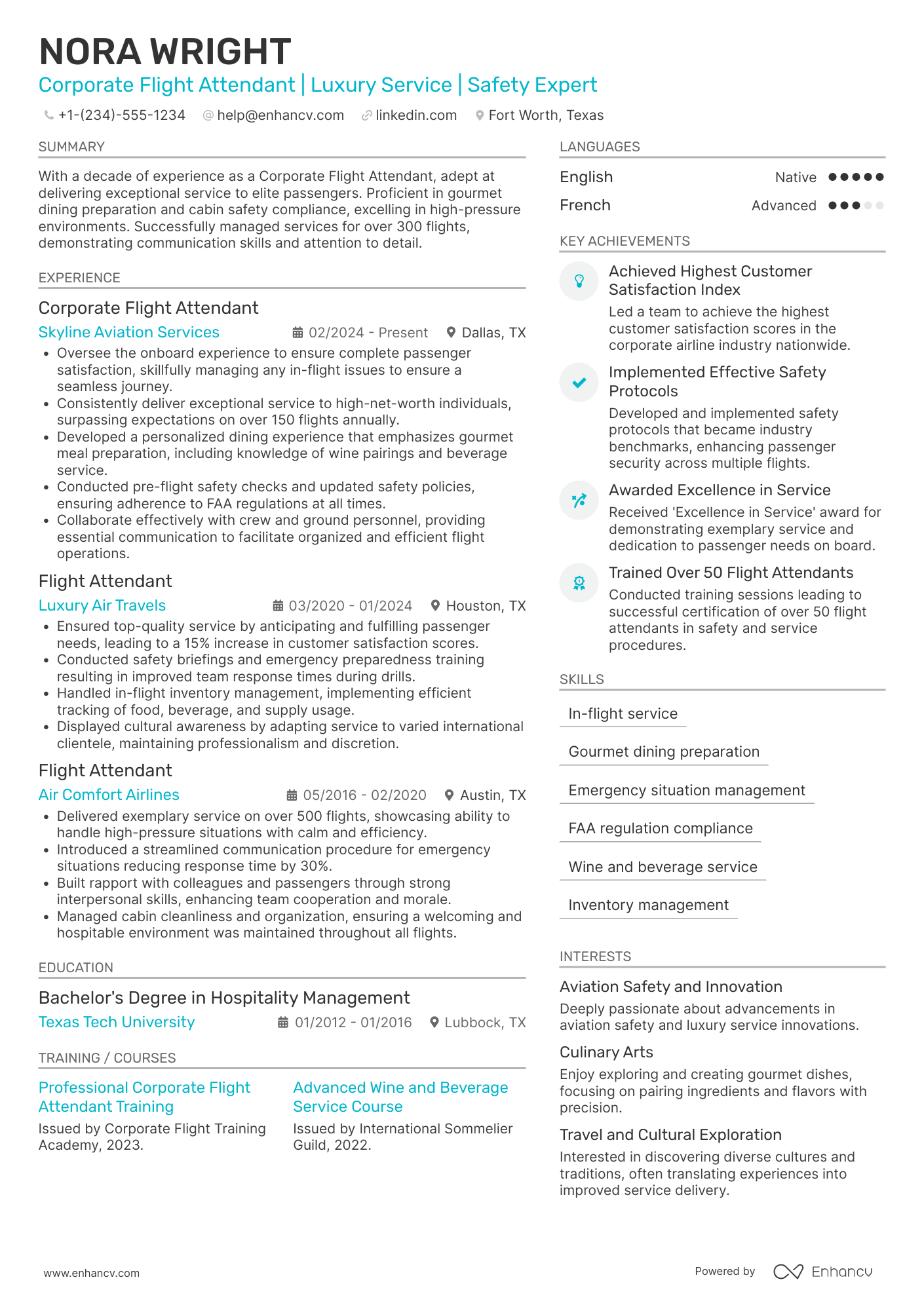 Corporate Flight Attendant Resume Example