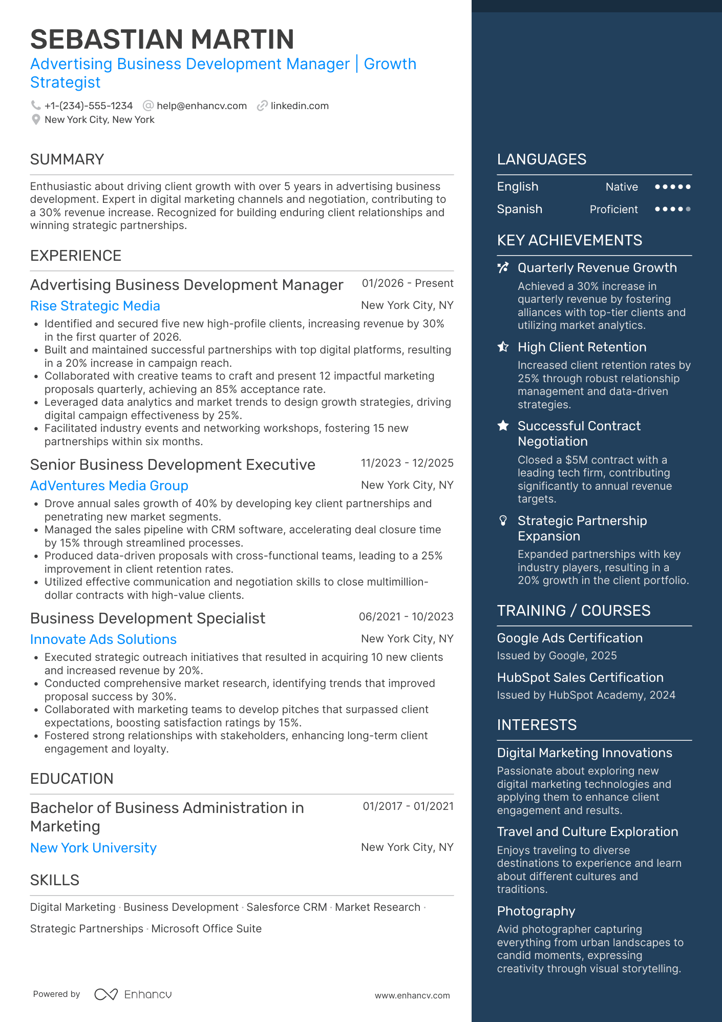 Advertising Business Development Manager Resume Example
