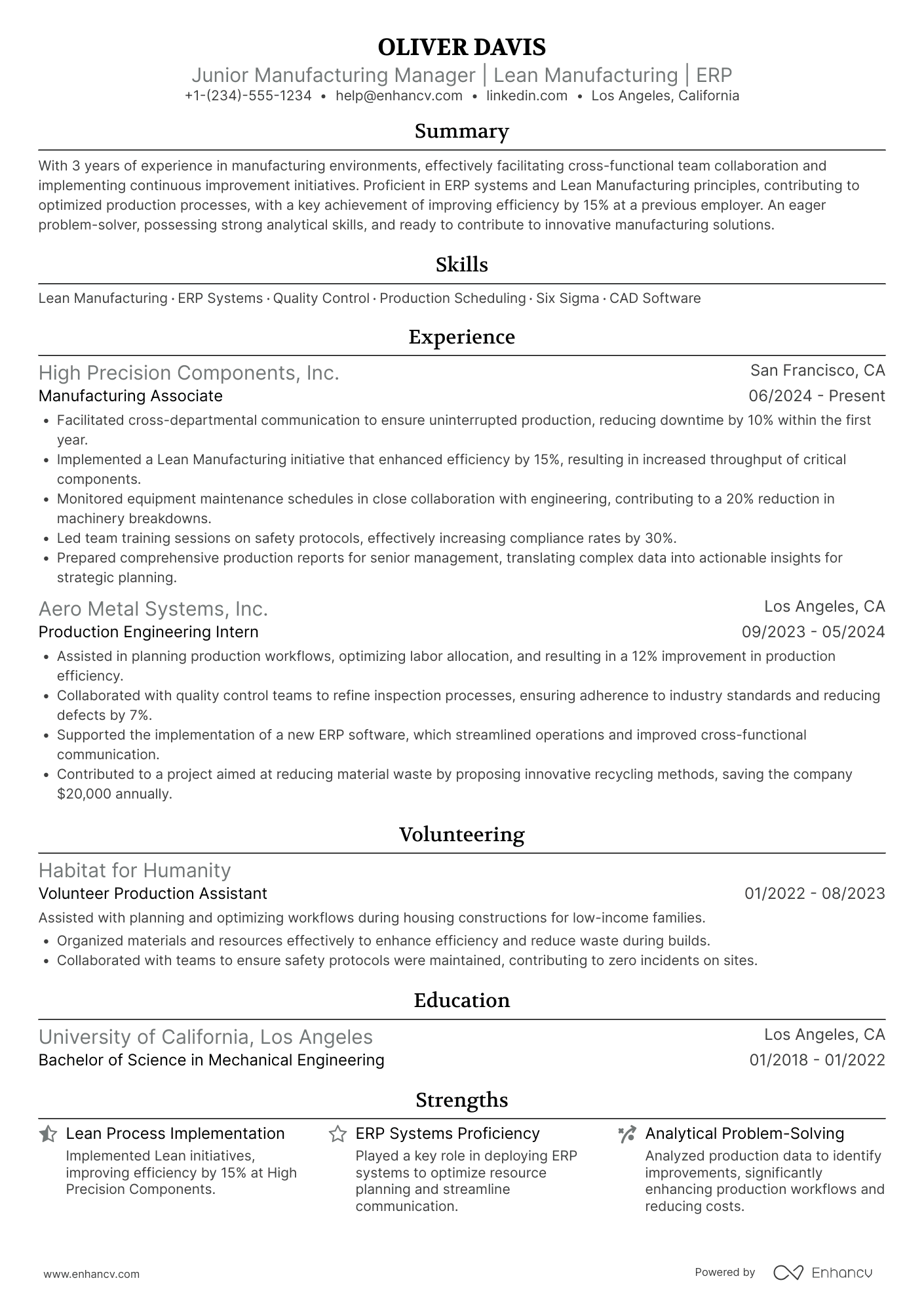 Junior Manufacturing Manager Resume Example