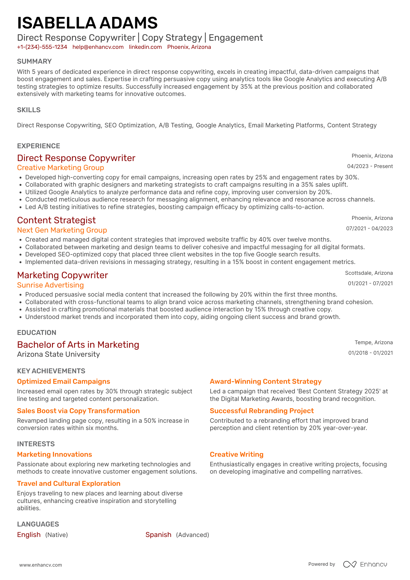 Direct Response Copywriter Resume Example