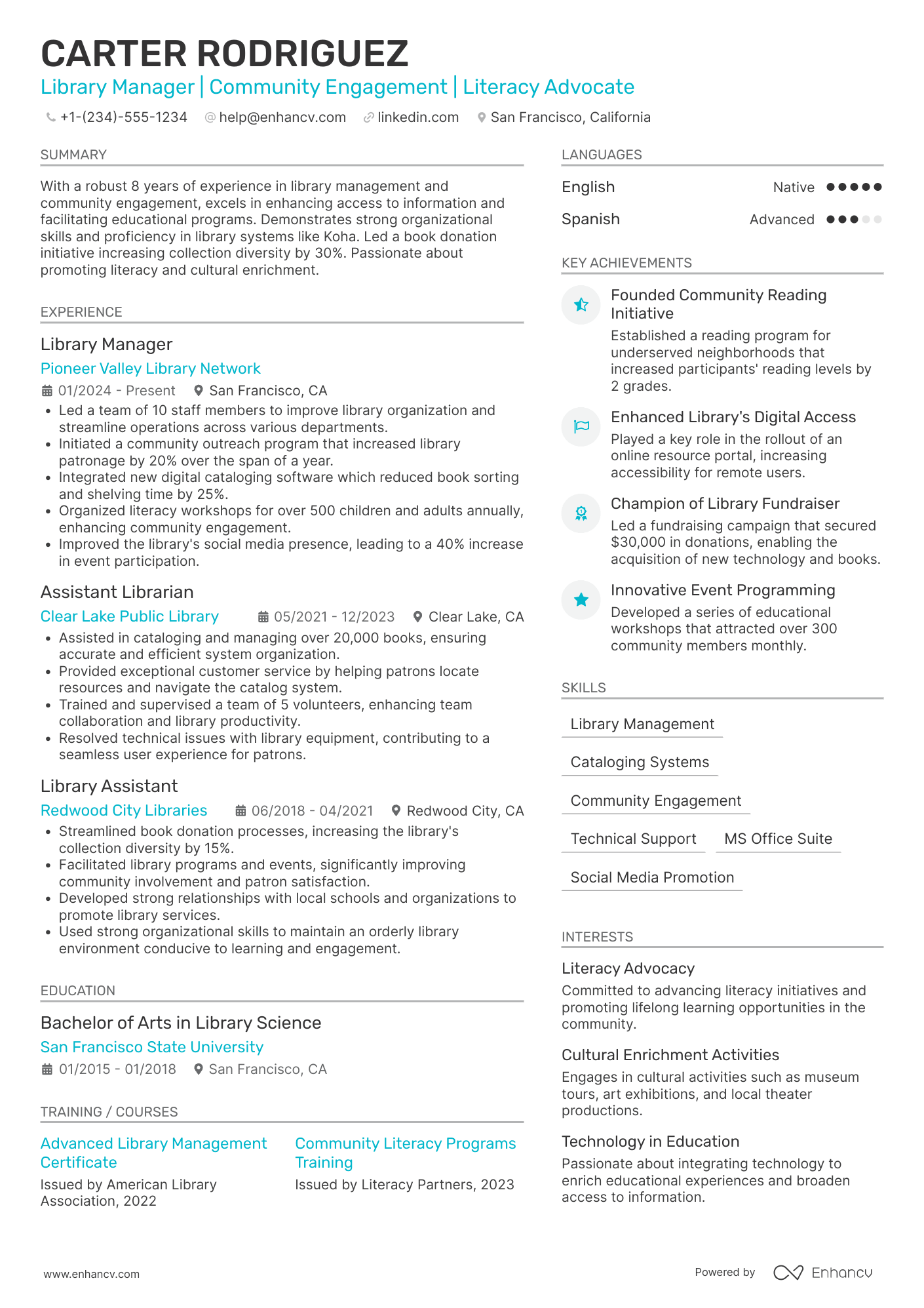 Library Volunteer Resume Example