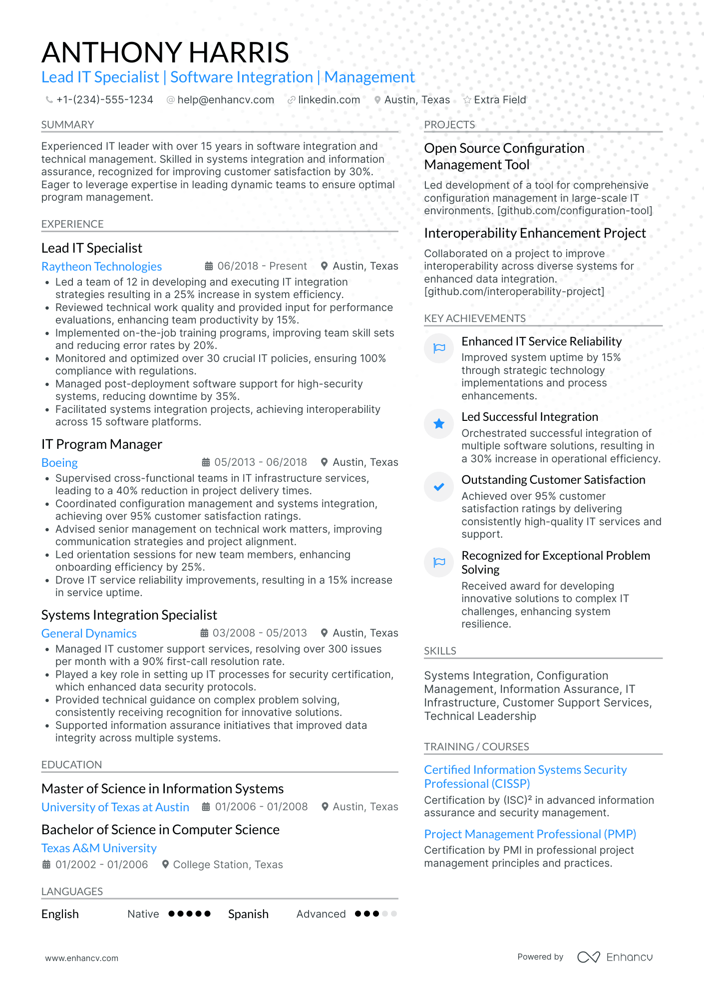 Lead IT Specialist Resume Example