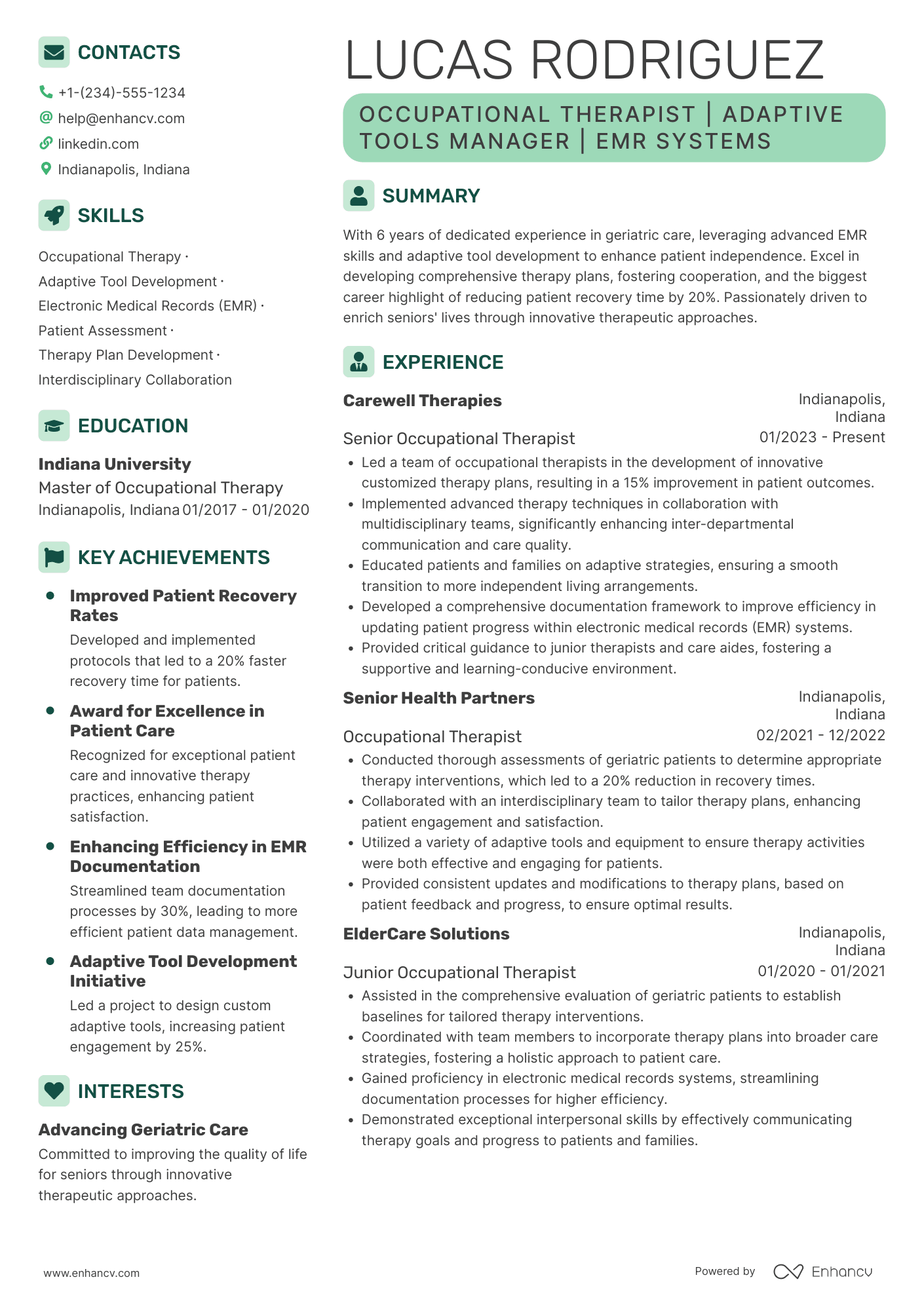 Geriatric Occupational Therapist Resume Example
