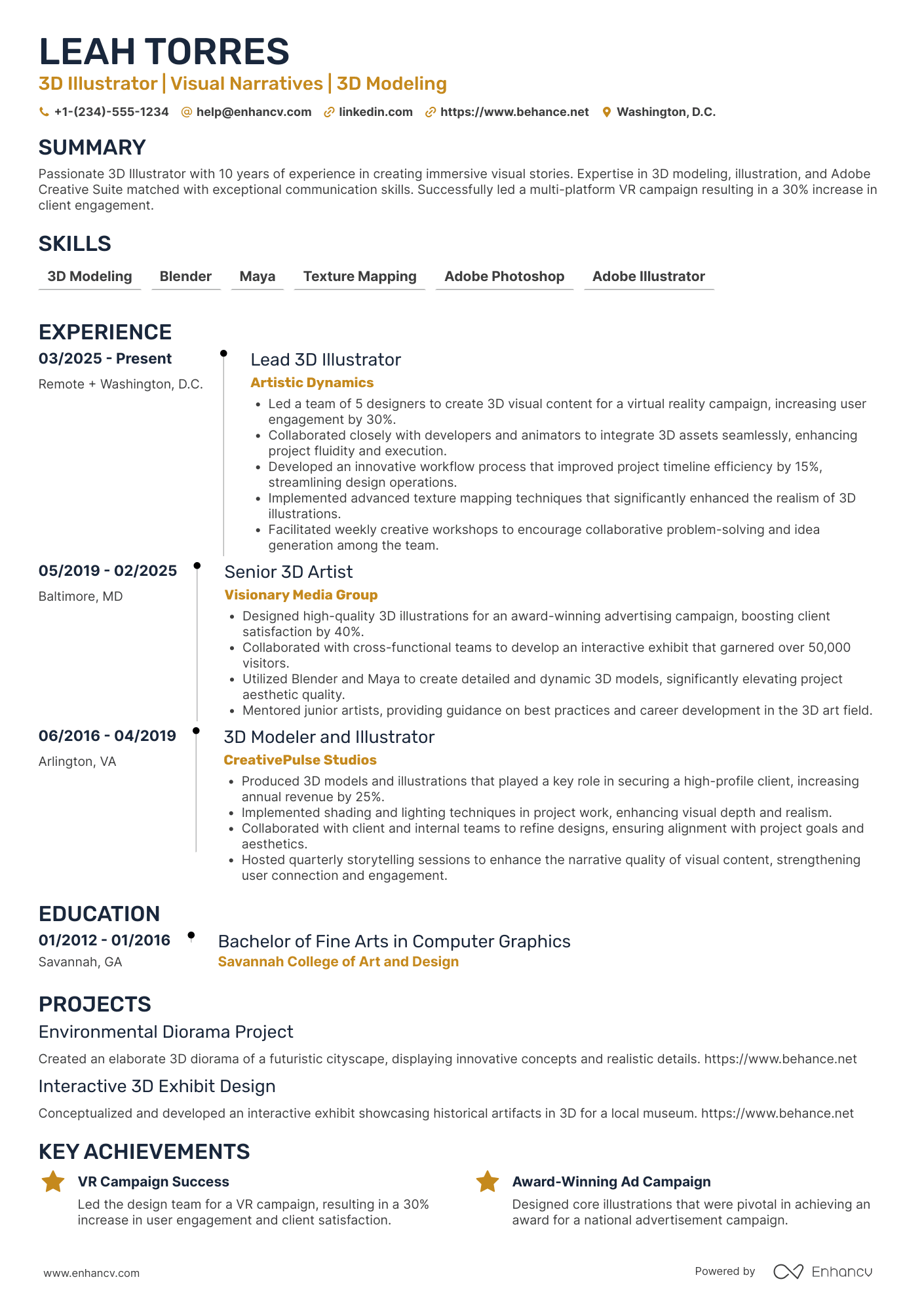 3D Illustrator Resume Example